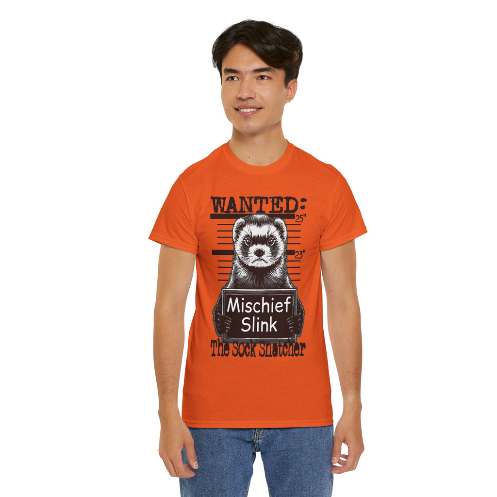 Ferret 'Wanted: Mischief Slink' Mugshot Tee — Funny Animal Crime Scene Shirt