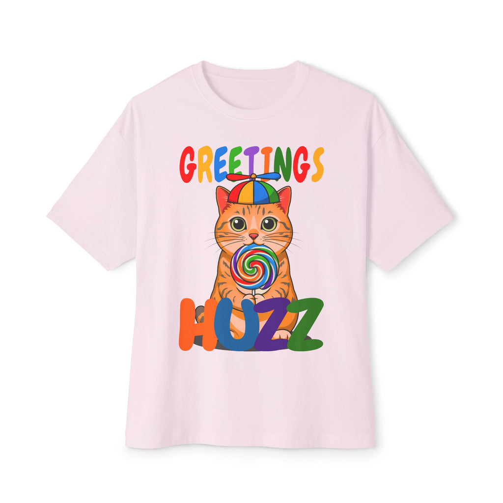 Greetings Huzz Cat Tee — Colorful Lollipop Kitten Graphic Shirt