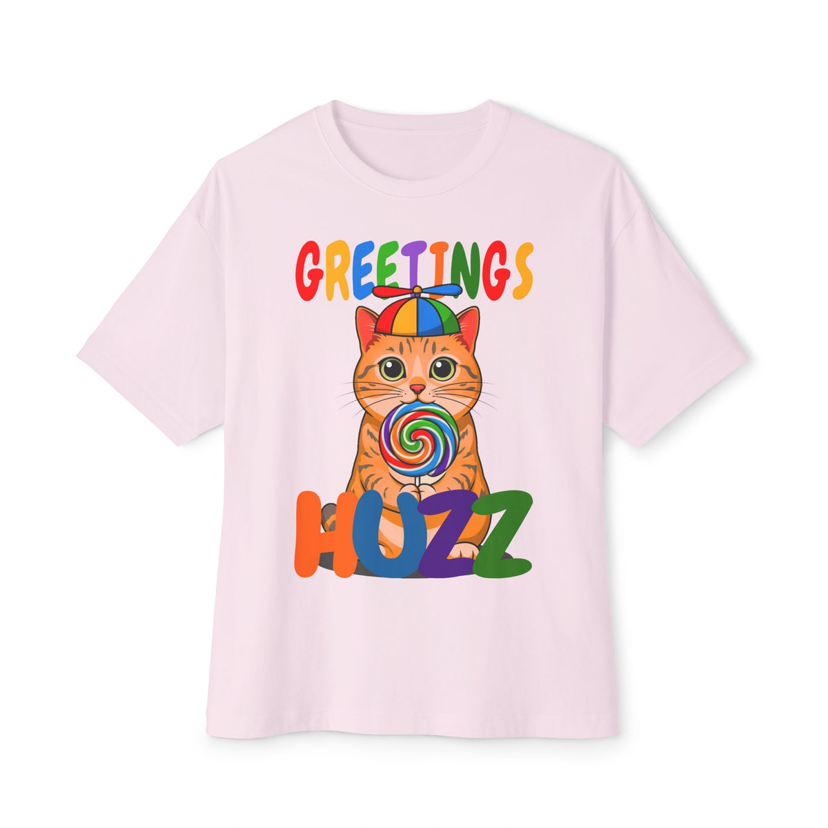 Greetings Huzz Cat Tee — Colorful Lollipop Kitten Graphic Shirt