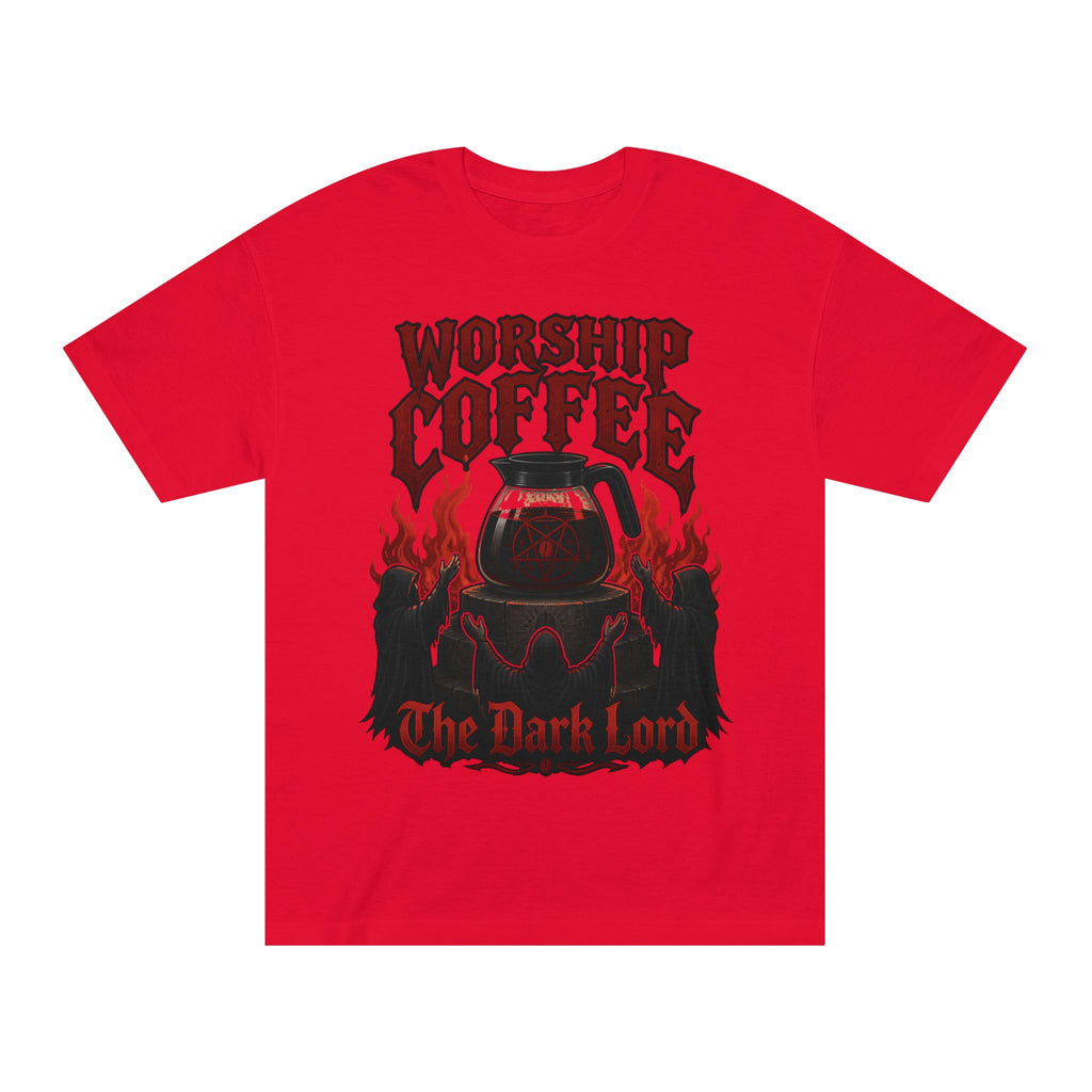 Worship Coffee Tee — "The Dark Lord" Gothic Coffee Shirt