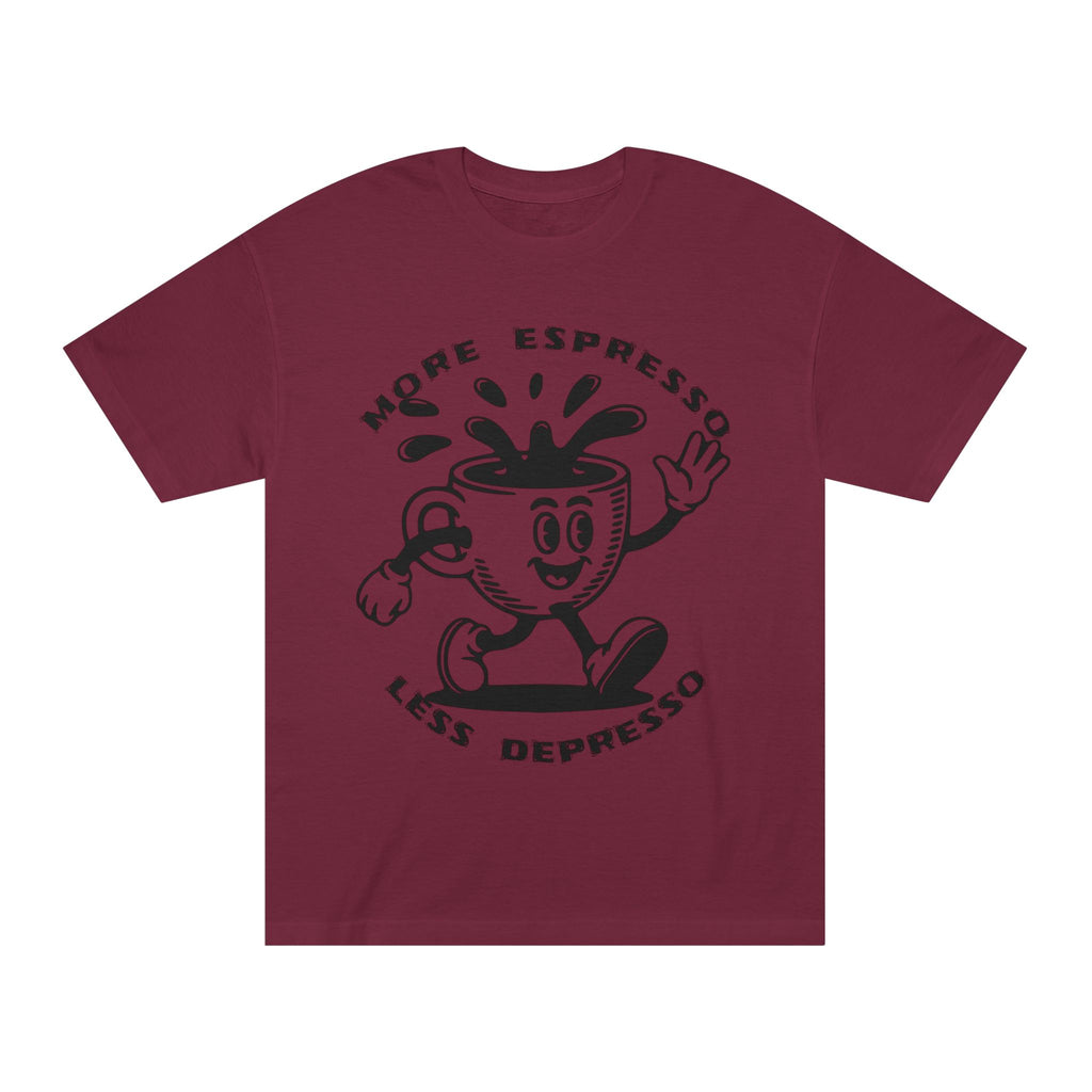 Coffee Tee — "Less Depresso More Espresso" Funny Coffee Shirt