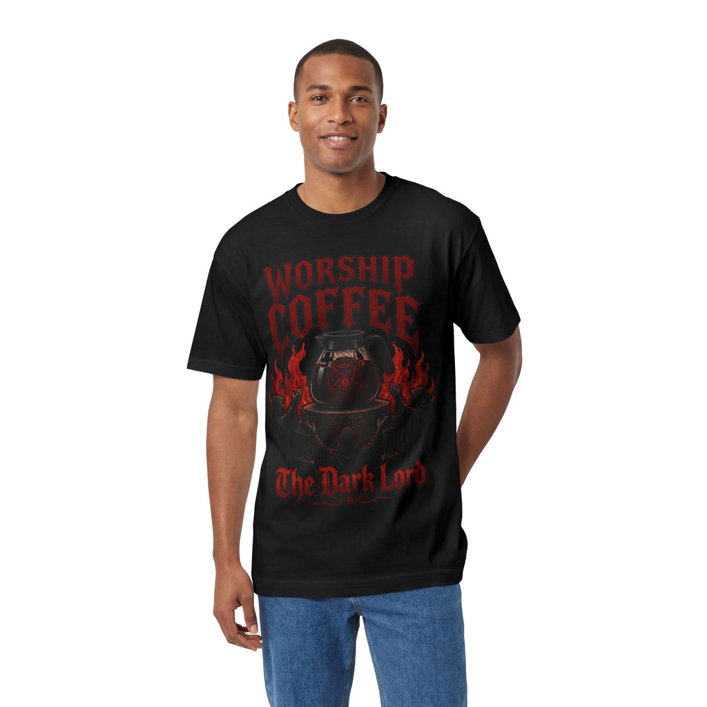 Worship Coffee Tee — "The Dark Lord" Gothic Coffee Shirt