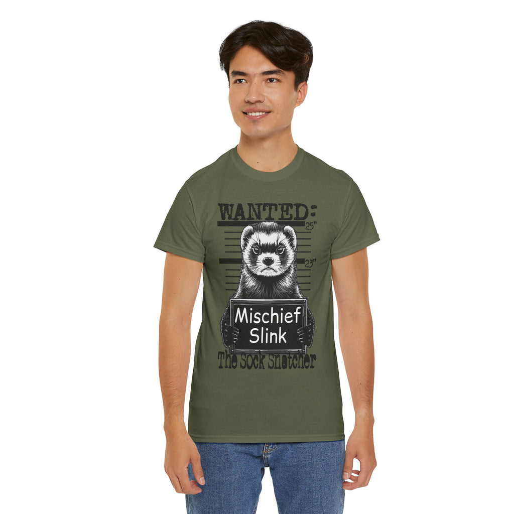 Ferret 'Wanted: Mischief Slink' Mugshot Tee — Funny Animal Crime Scene Shirt