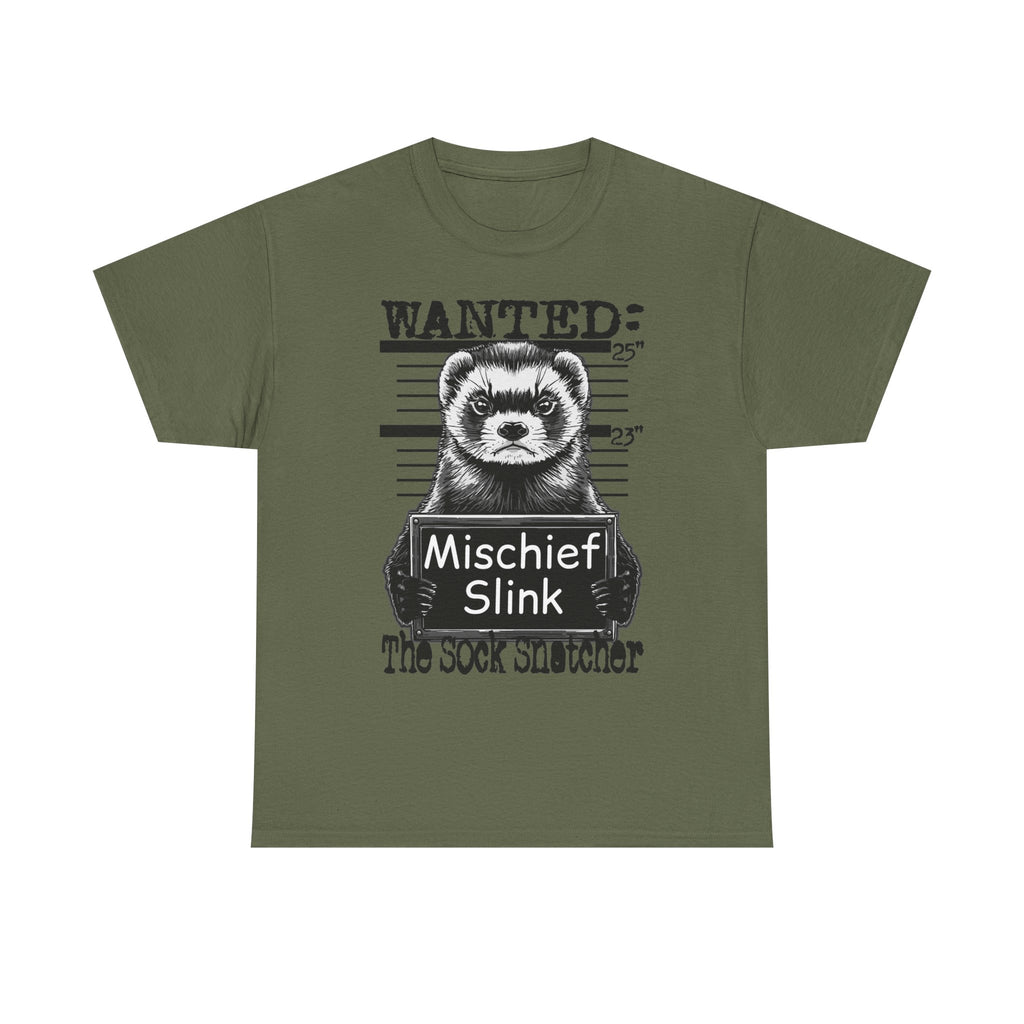 Ferret 'Wanted: Mischief Slink' Mugshot Tee — Funny Animal Crime Scene Shirt