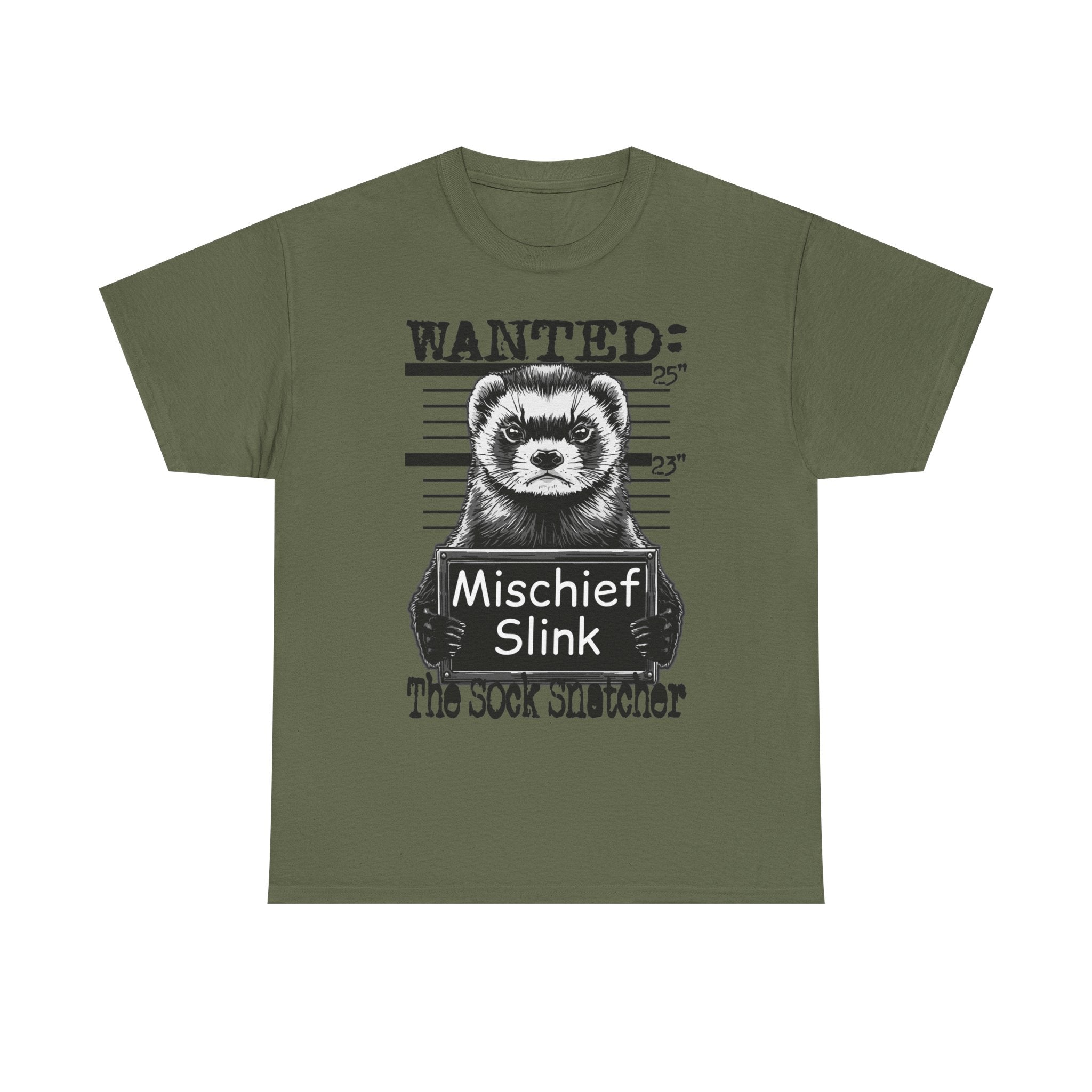 Ferret 'Wanted: Mischief Slink' Mugshot Tee — Funny Animal Crime Scene Shirt