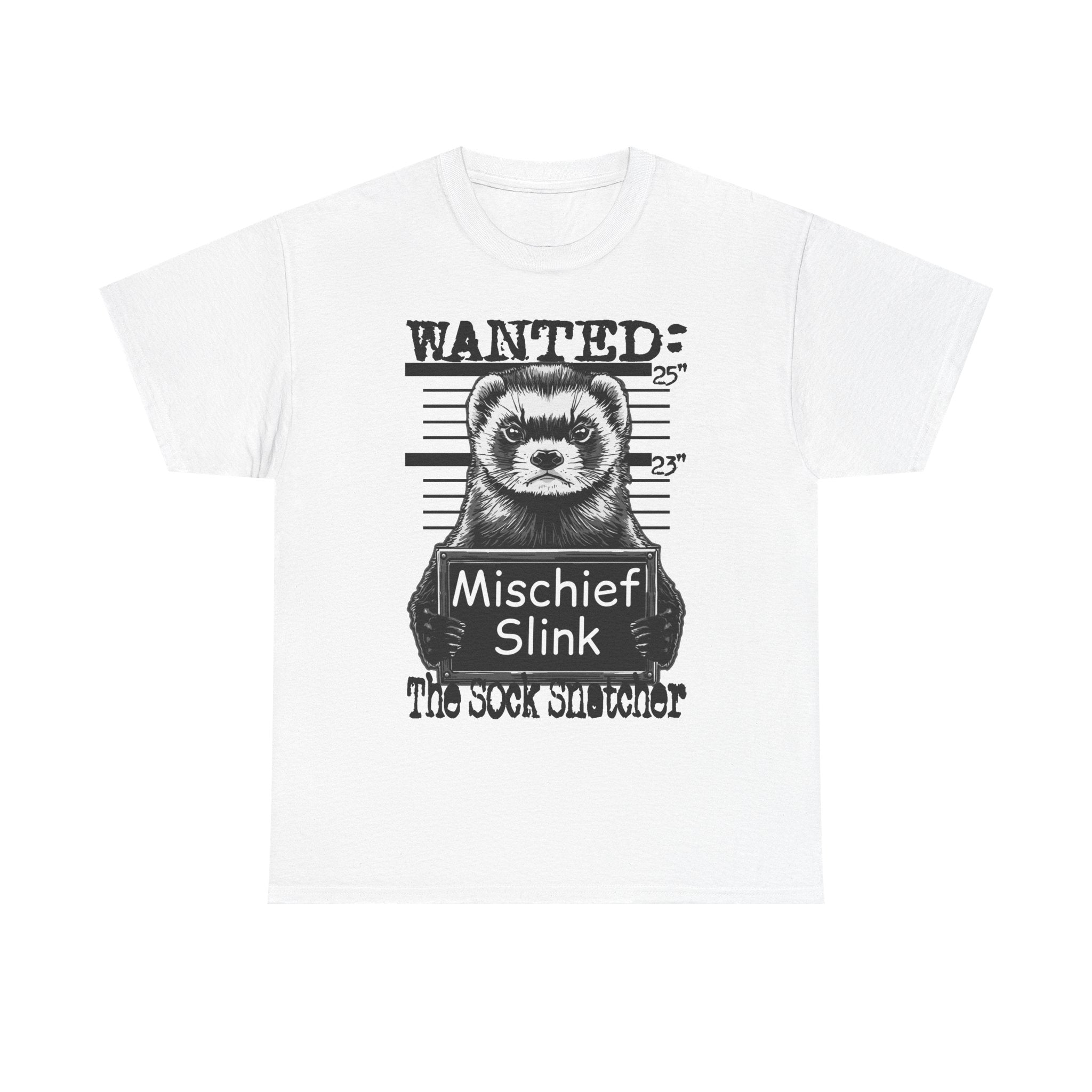 Ferret 'Wanted: Mischief Slink' Mugshot Tee — Funny Animal Crime Scene Shirt