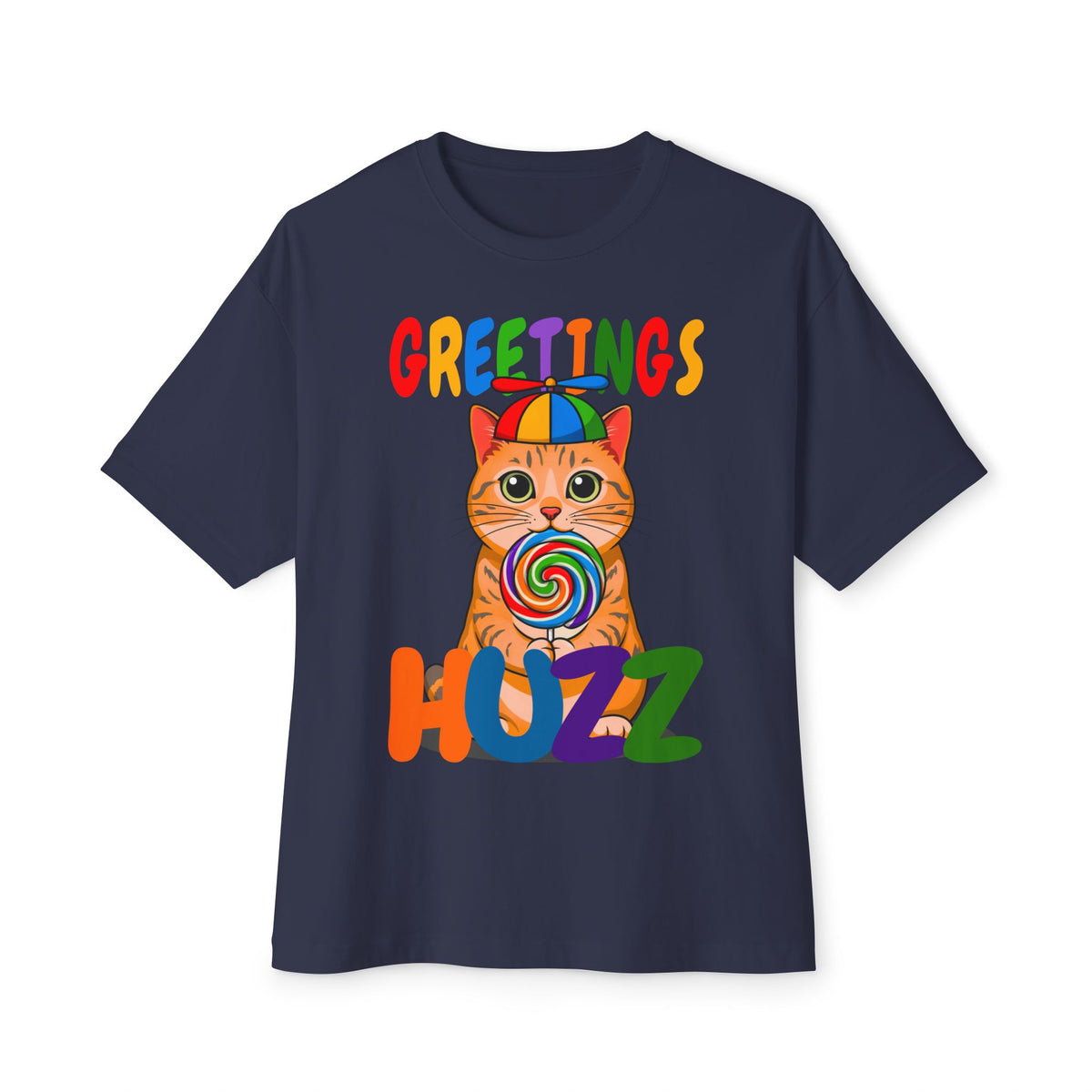 Greetings Huzz Cat Tee — Colorful Lollipop Kitten Graphic Shirt