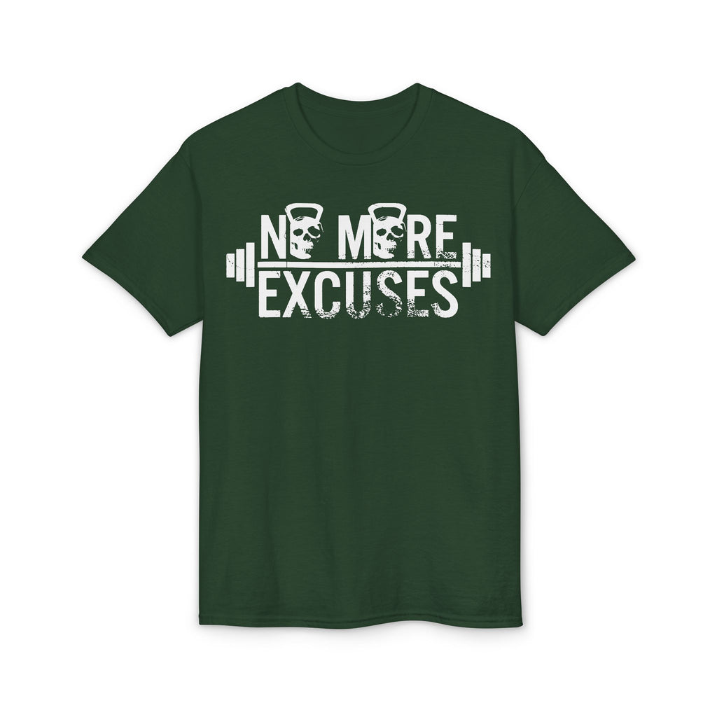 No More Excuses T-Shirt — Motivational Gym Workout Tee with Kettlebell & Barbell Design