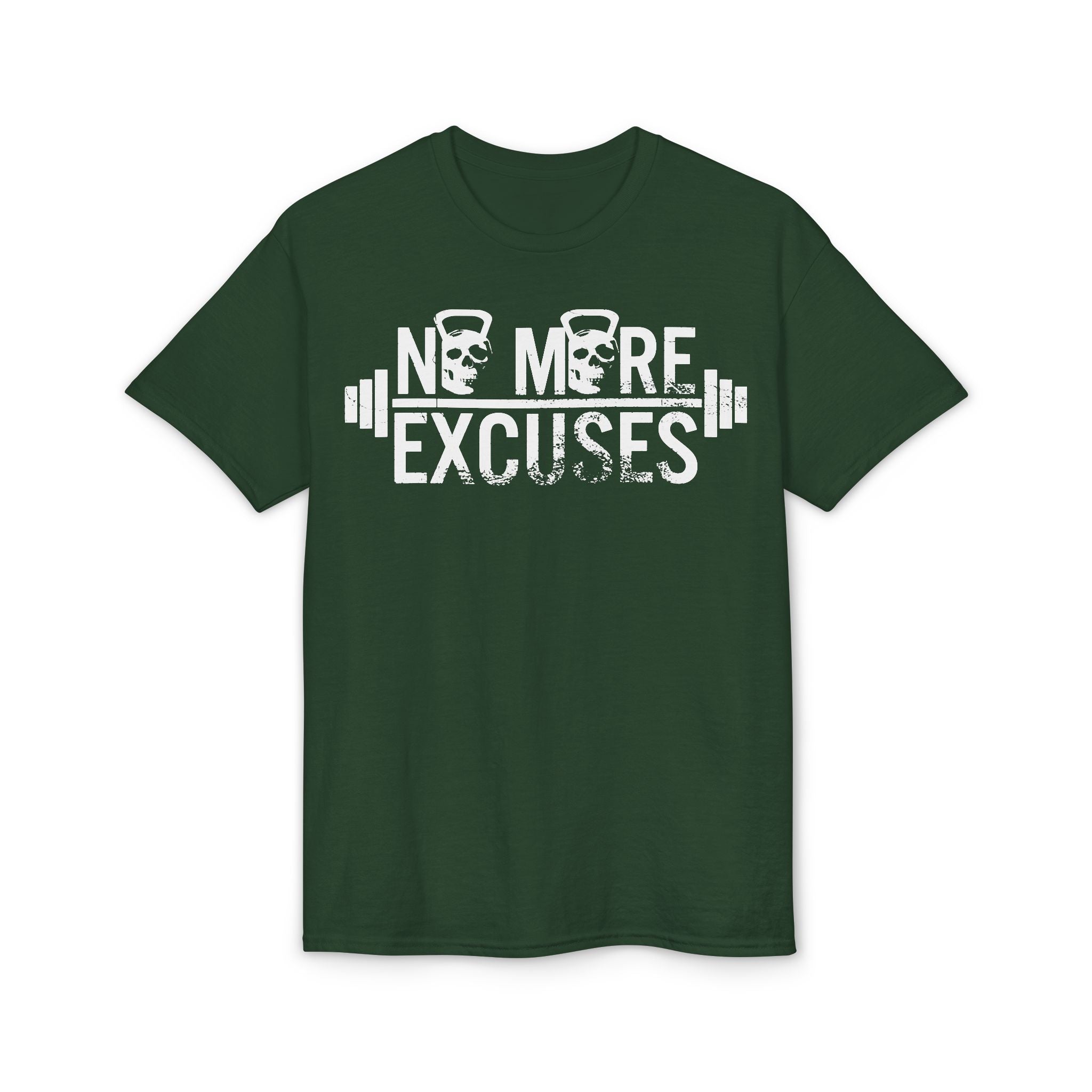 No More Excuses T-Shirt — Motivational Gym Workout Tee with Kettlebell & Barbell Design