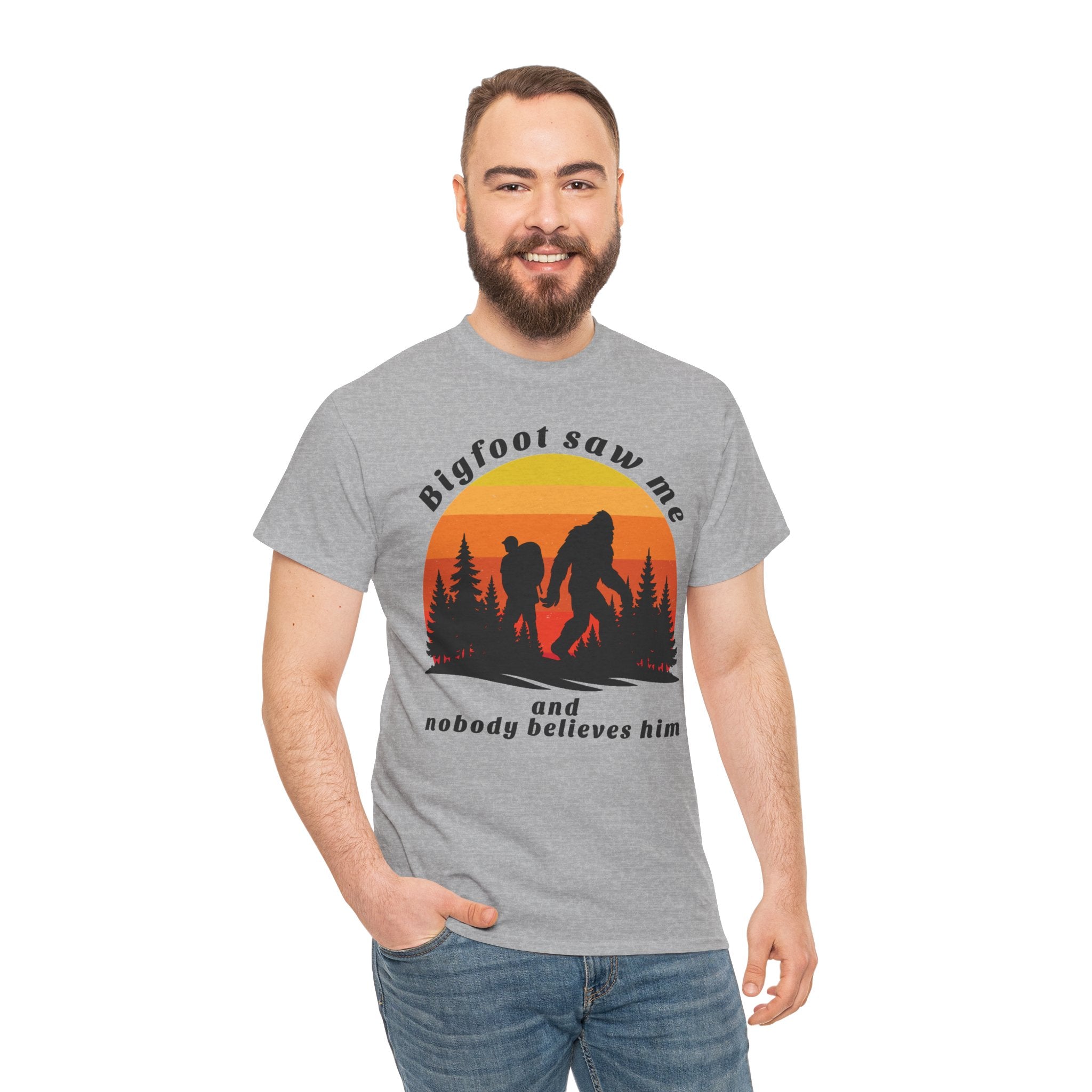 Bigfoot Saw Me T‑Shirt – Retro Sunset Sasquatch Graphic Tee
