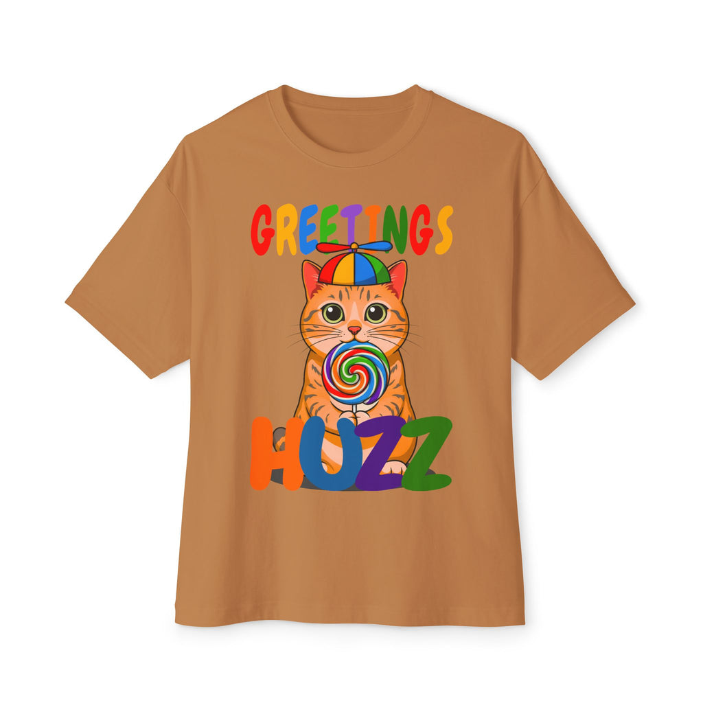 Greetings Huzz Cat Tee — Colorful Lollipop Kitten Graphic Shirt