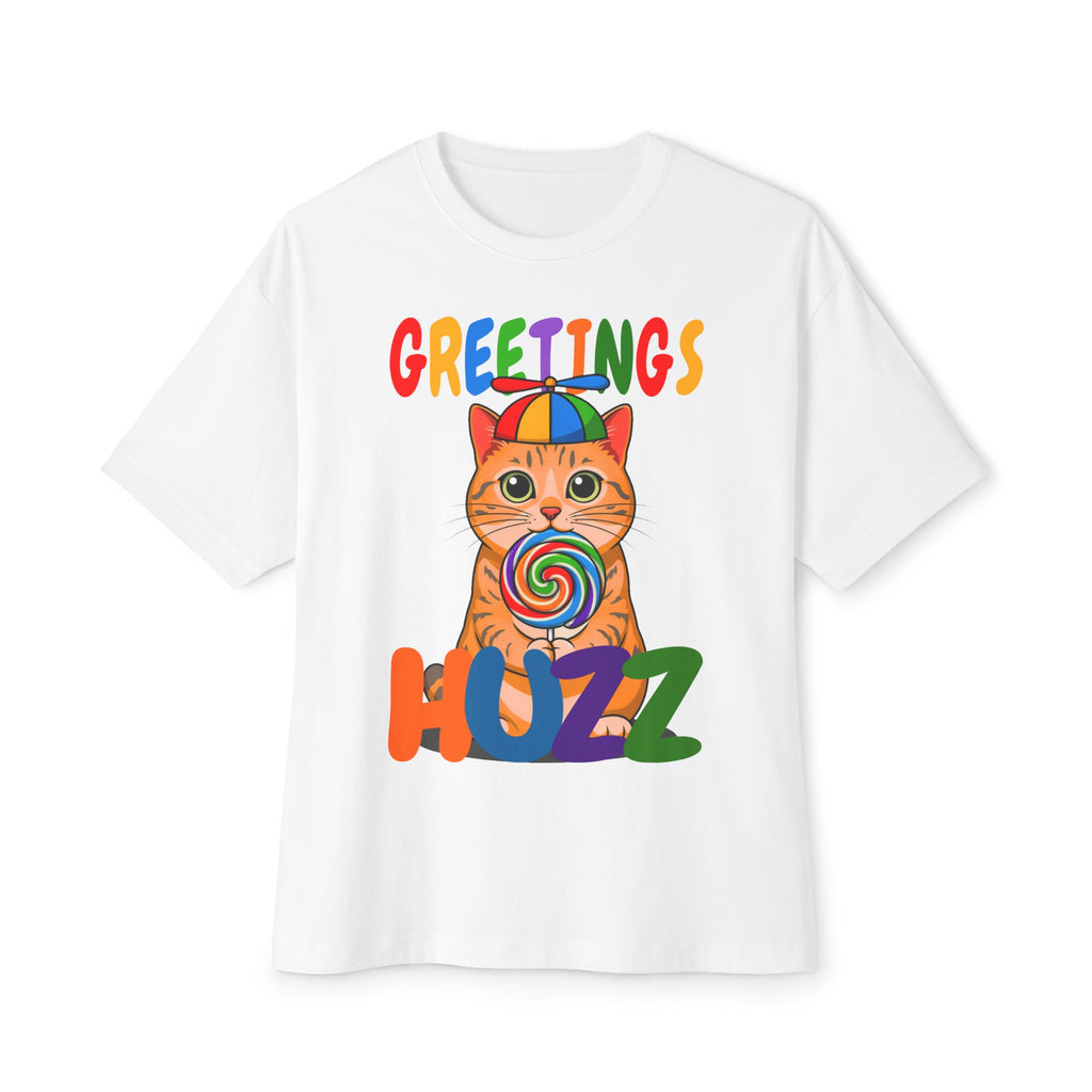 Greetings Huzz Cat Tee — Colorful Lollipop Kitten Graphic Shirt