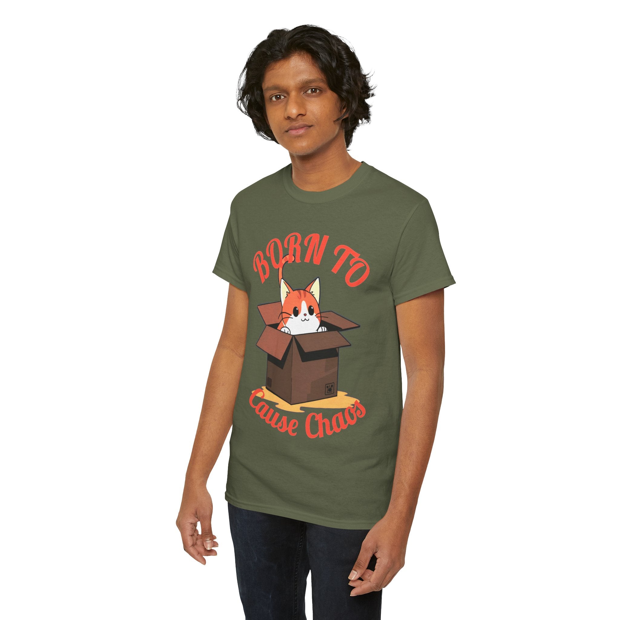Cat T-Shirt — "Born to Cause Chaos" Cute Cat in Box Tee