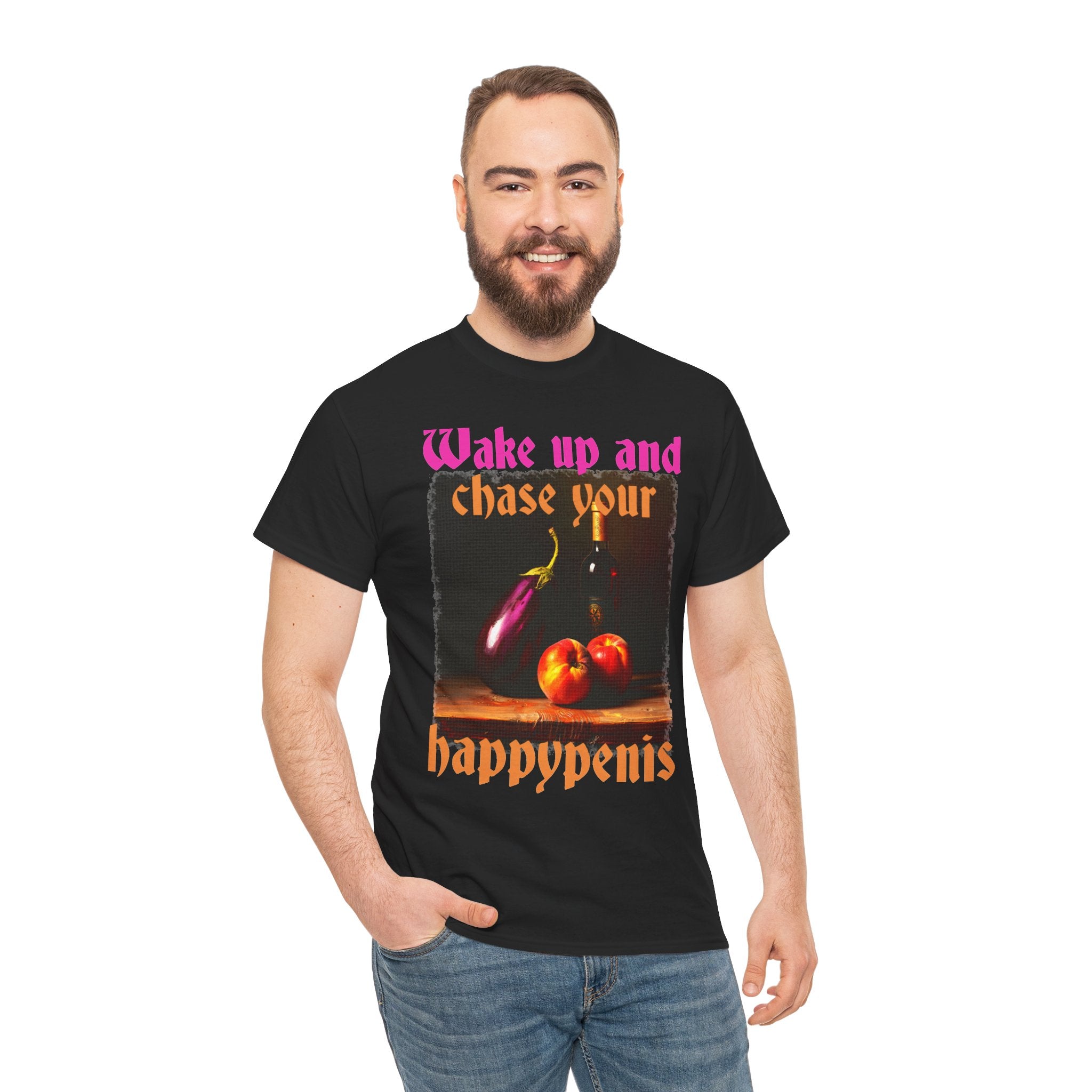 Graphic Tee — "Wake Up and Chase Your Happypenis" Vintage Fruit Design