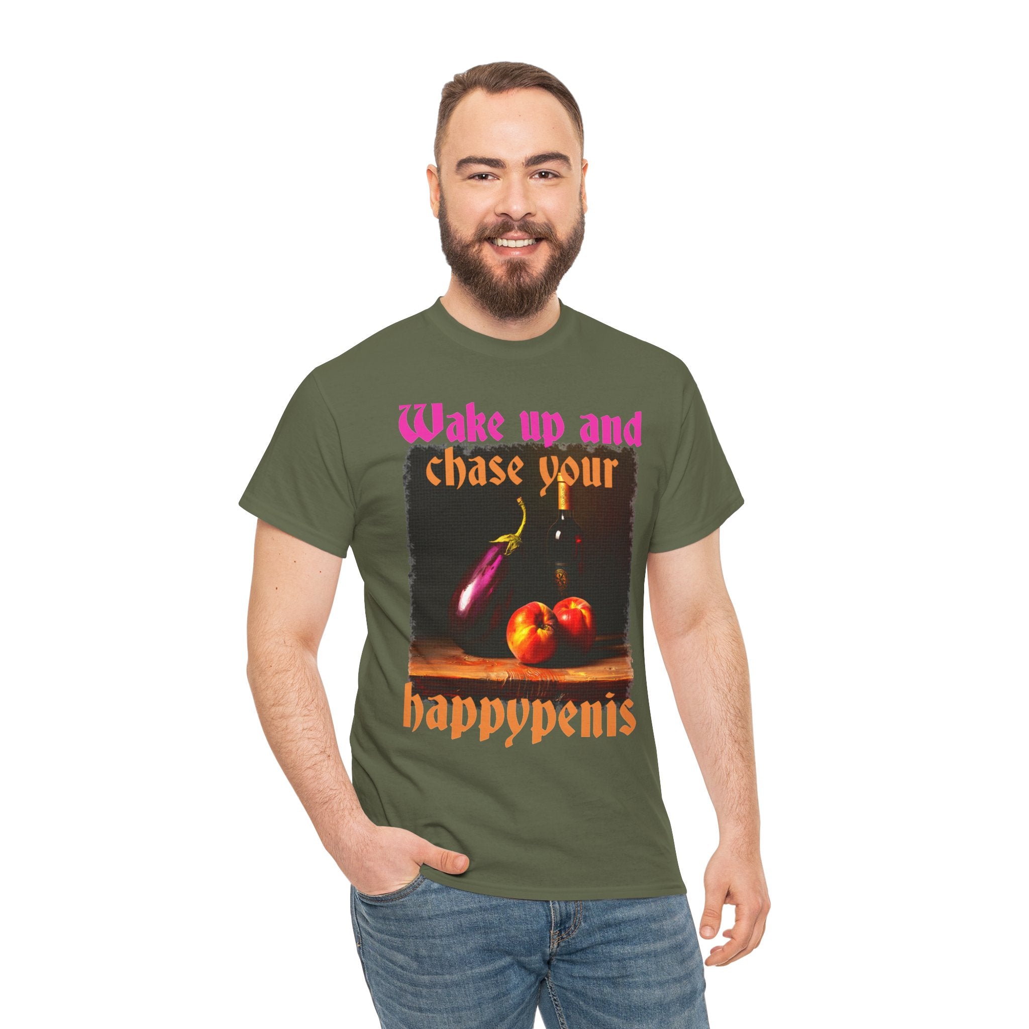 Graphic Tee — "Wake Up and Chase Your Happypenis" Vintage Fruit Design