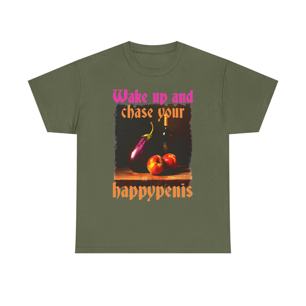 Graphic Tee — "Wake Up and Chase Your Happypenis" Vintage Fruit Design