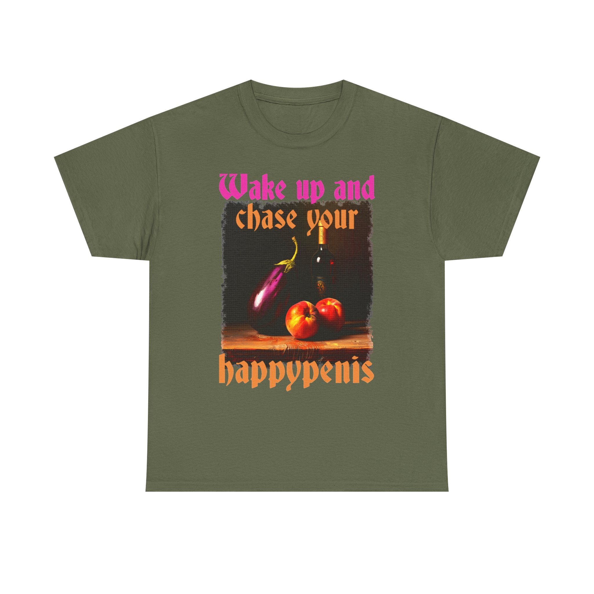 Graphic Tee — "Wake Up and Chase Your Happypenis" Vintage Fruit Design