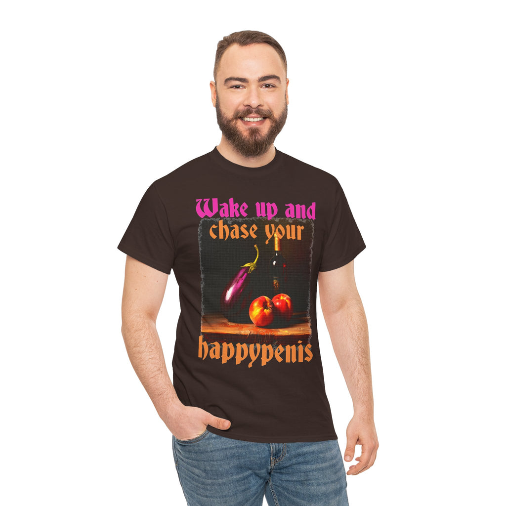 Graphic Tee — "Wake Up and Chase Your Happypenis" Vintage Fruit Design