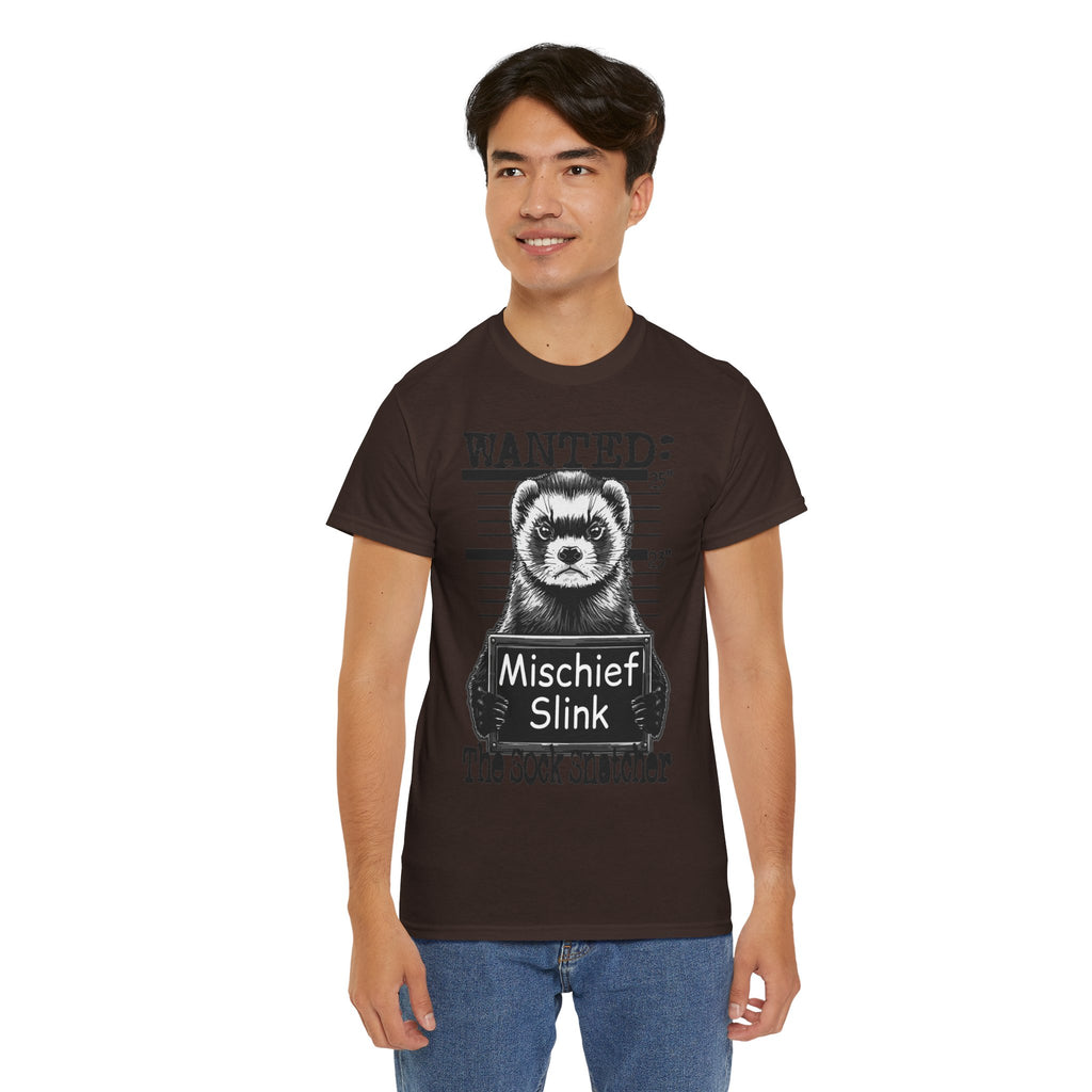 Ferret 'Wanted: Mischief Slink' Mugshot Tee — Funny Animal Crime Scene Shirt