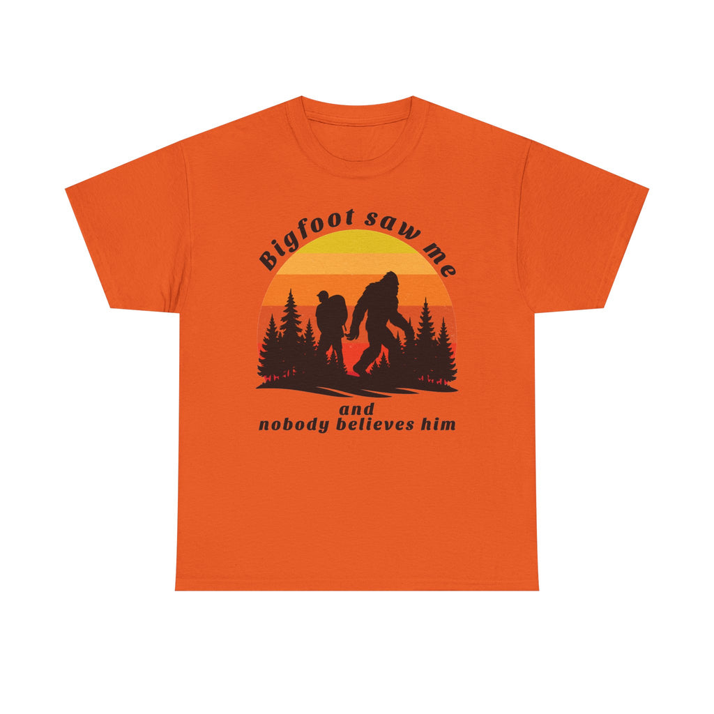 Bigfoot Saw Me T‑Shirt – Retro Sunset Sasquatch Graphic Tee