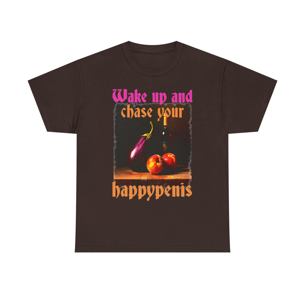 Graphic Tee — "Wake Up and Chase Your Happypenis" Vintage Fruit Design