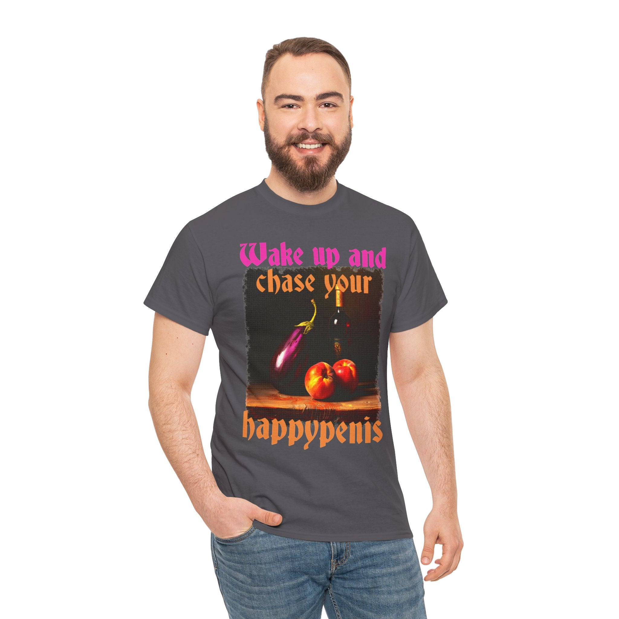 Graphic Tee — "Wake Up and Chase Your Happypenis" Vintage Fruit Design