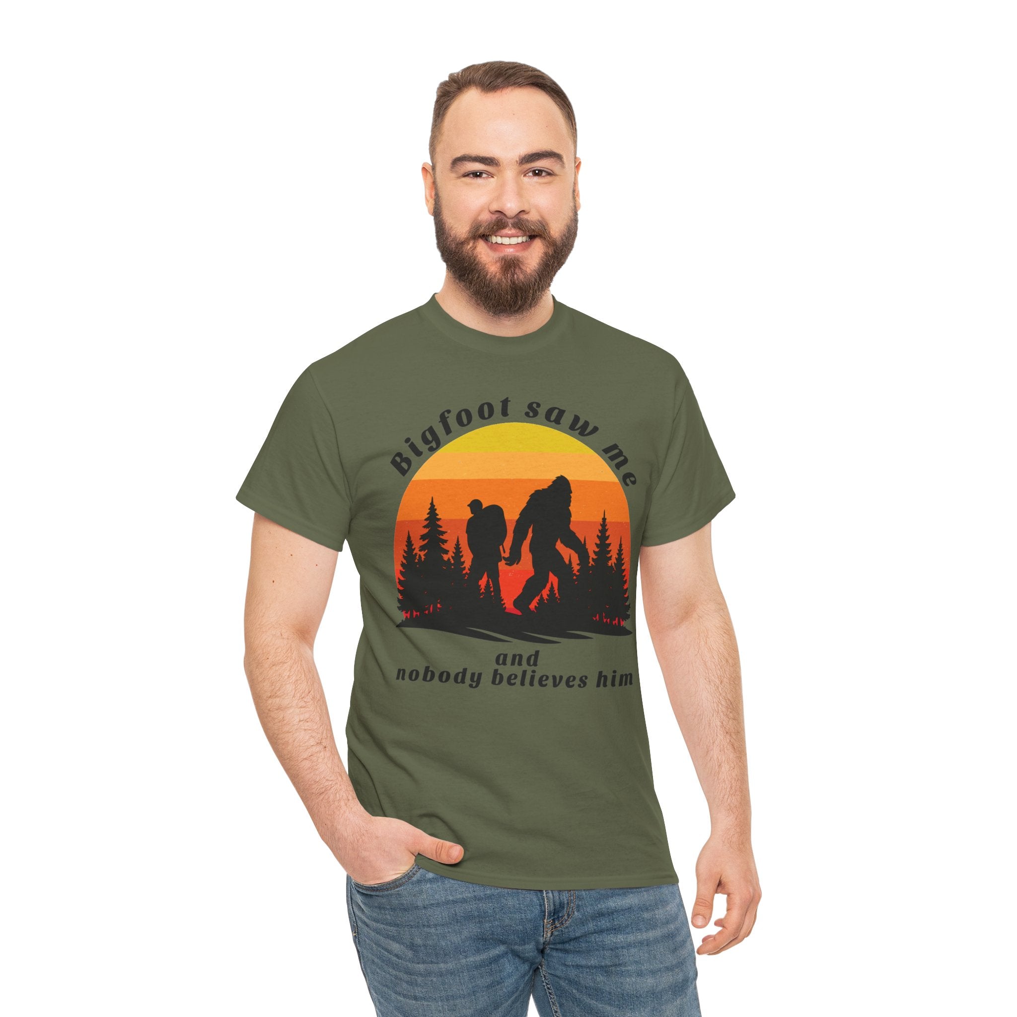 Bigfoot Saw Me T‑Shirt – Retro Sunset Sasquatch Graphic Tee