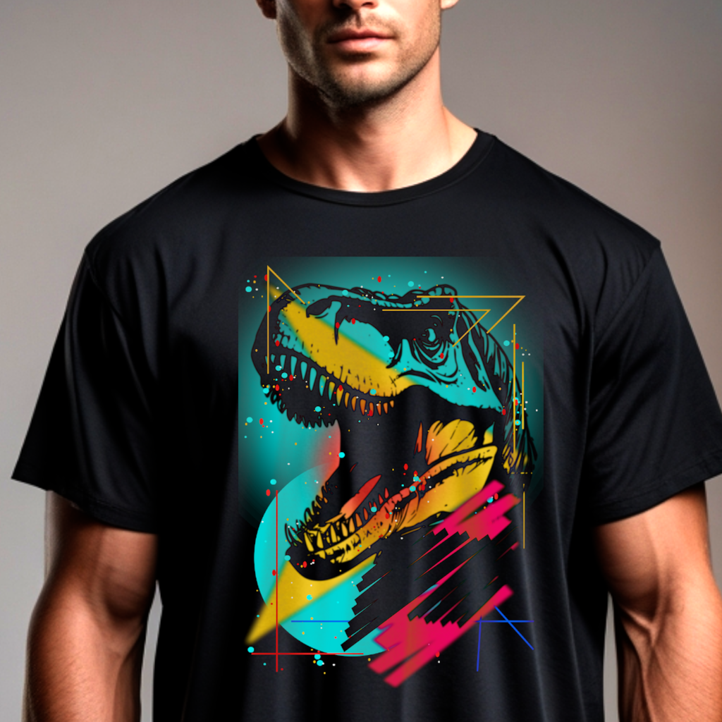 Retro Neon T-Rex T-Shirt — Vibrant Dinosaur Graphic Tee