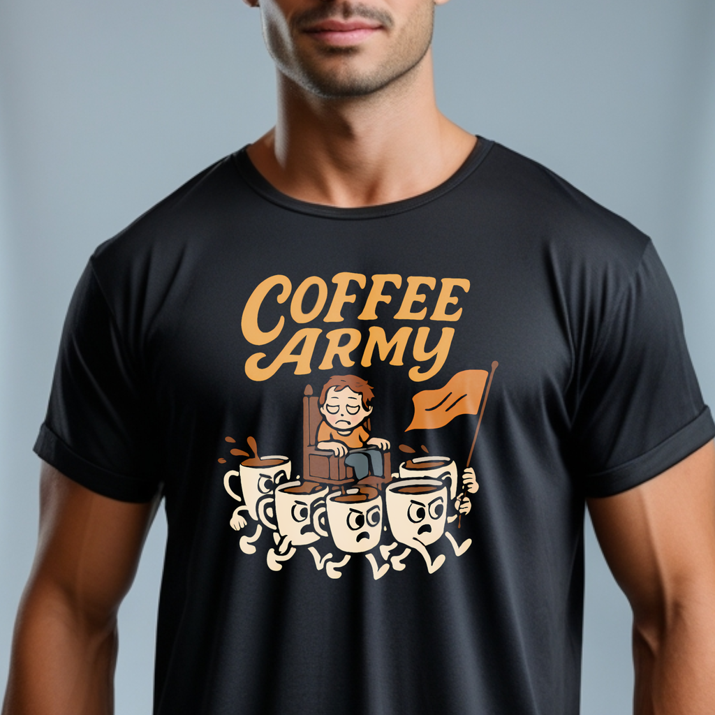 Coffee Army  — Funny Coffee Lover Tee with marching Mugs