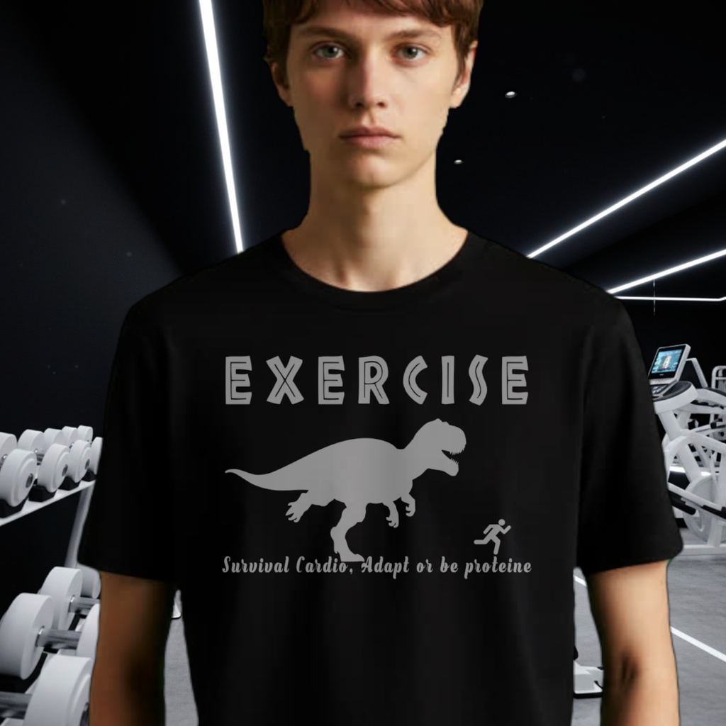 Exercise T‑Shirt — Funny Dinosaur Workout Tee (“Exercise: Survival of the Fittest” design)