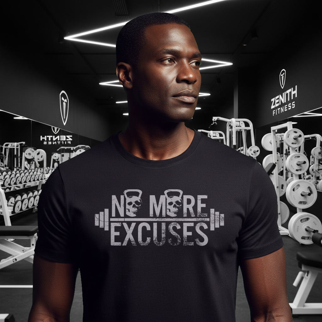No More Excuses T-Shirt — Motivational Gym Workout Tee with Kettlebell & Barbell Design