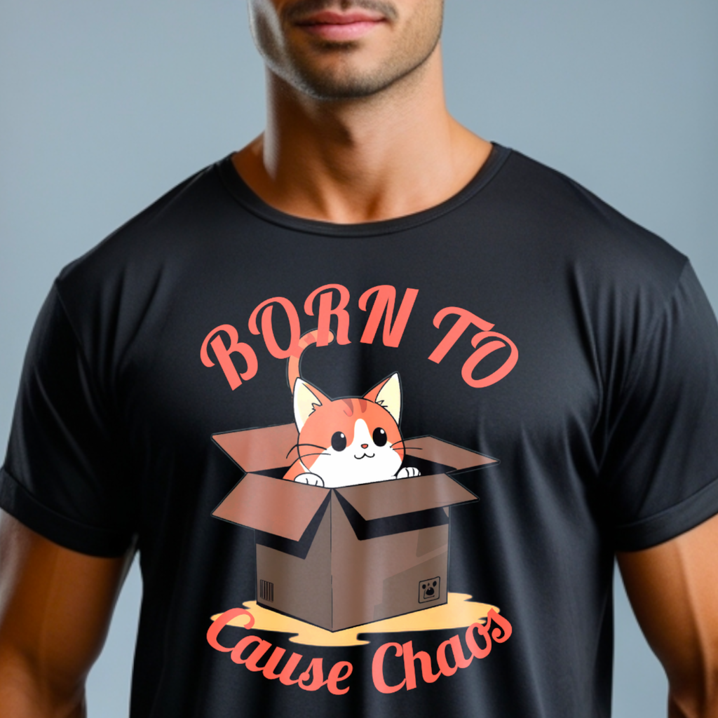 Cat T-Shirt — "Born to Cause Chaos" Cute Cat in Box Tee