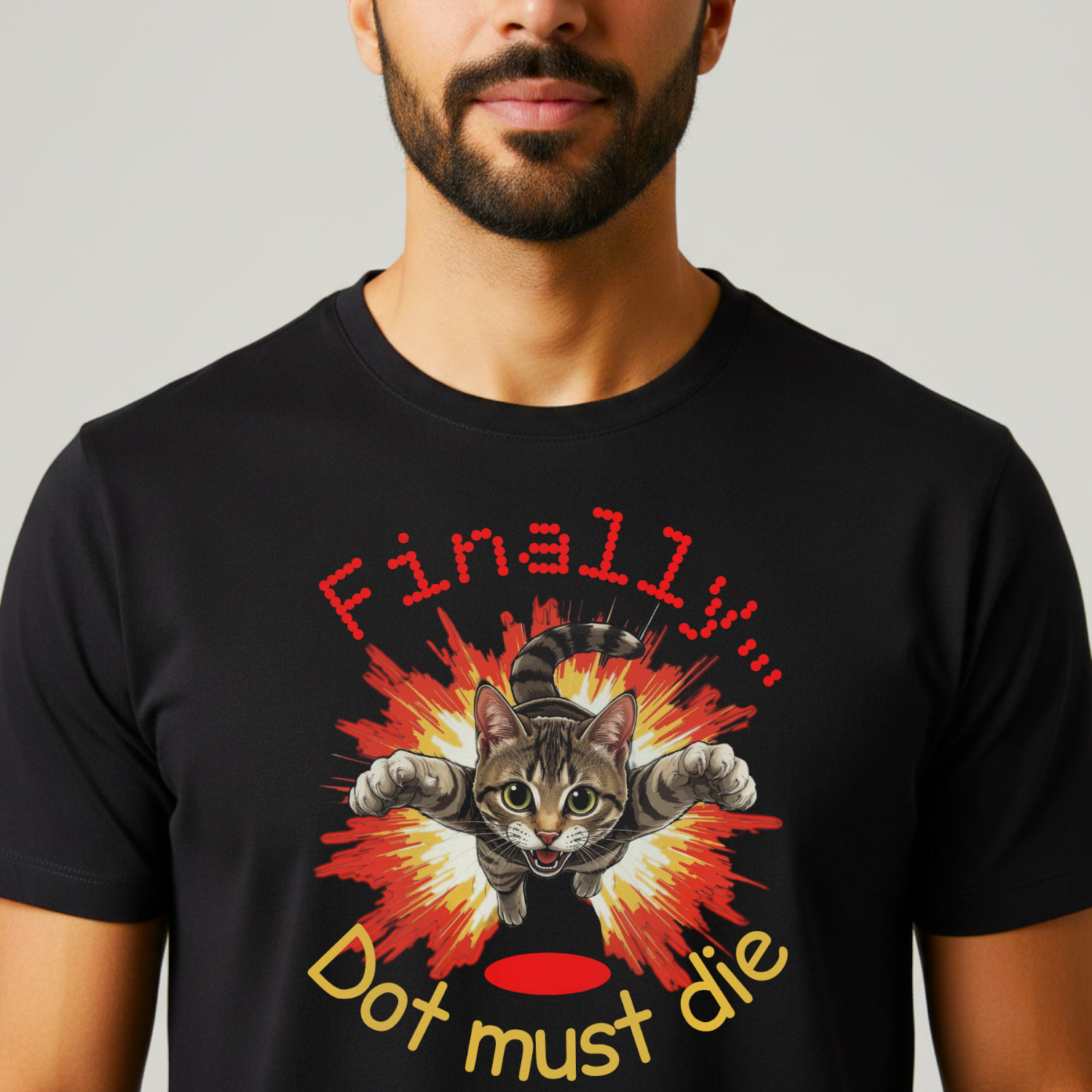 Cat Explosion Tee — “Finally: Dot Must Die” Graphic T‑Shirt