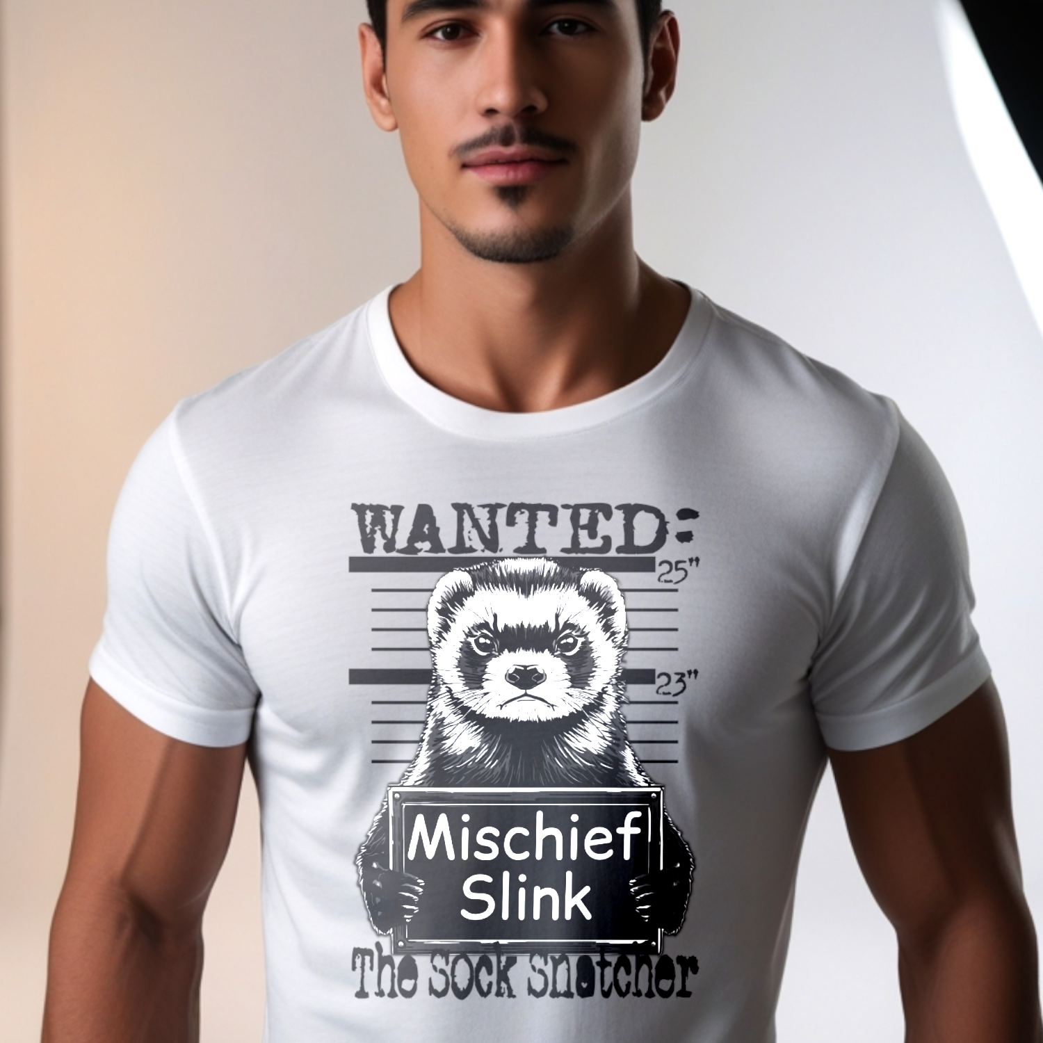 Ferret 'Wanted: Mischief Slink' Mugshot Tee — Funny Animal Crime Scene Shirt