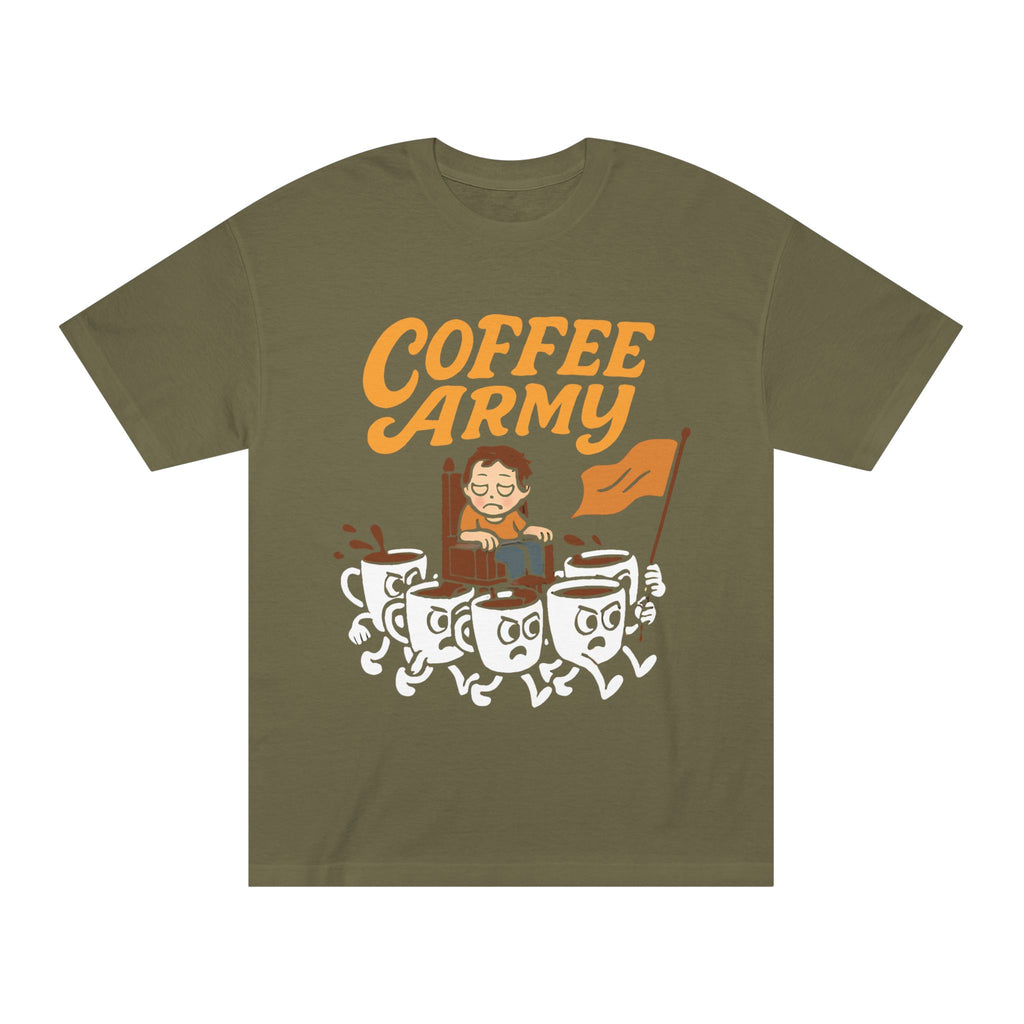 Coffee Army  — Funny Coffee Lover Tee with marching Mugs