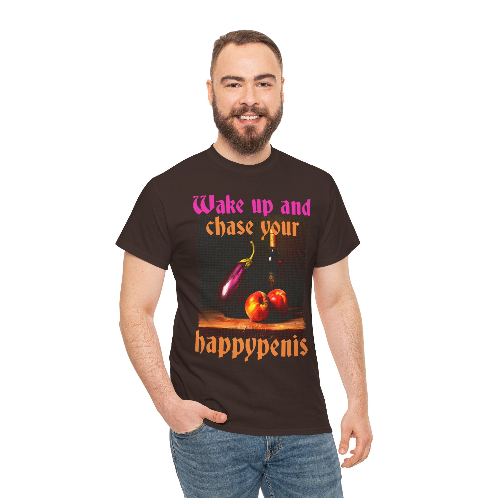 Graphic Tee — "Wake Up and Chase Your Happypenis" Vintage Fruit Design