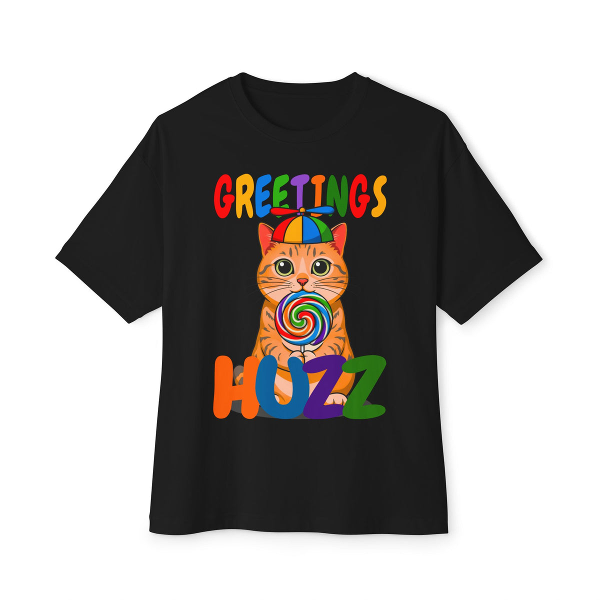 Greetings Huzz Cat Tee — Colorful Lollipop Kitten Graphic Shirt