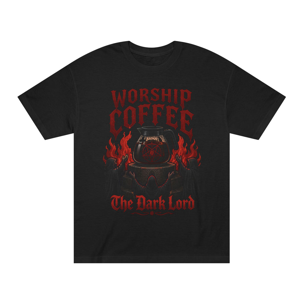Worship Coffee Tee — "The Dark Lord" Gothic Coffee Shirt