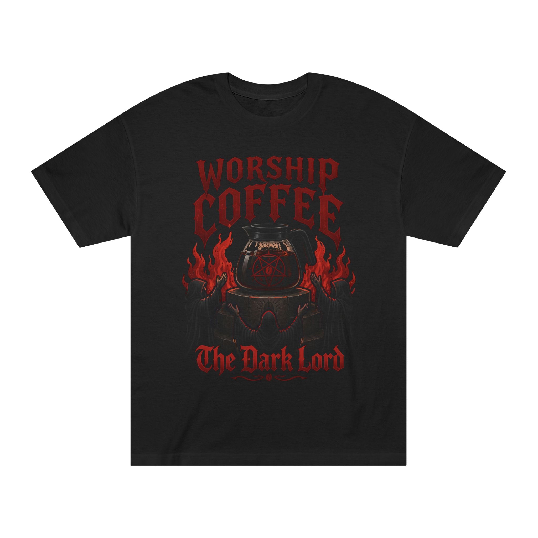 Worship Coffee Tee — "The Dark Lord" Gothic Coffee Shirt