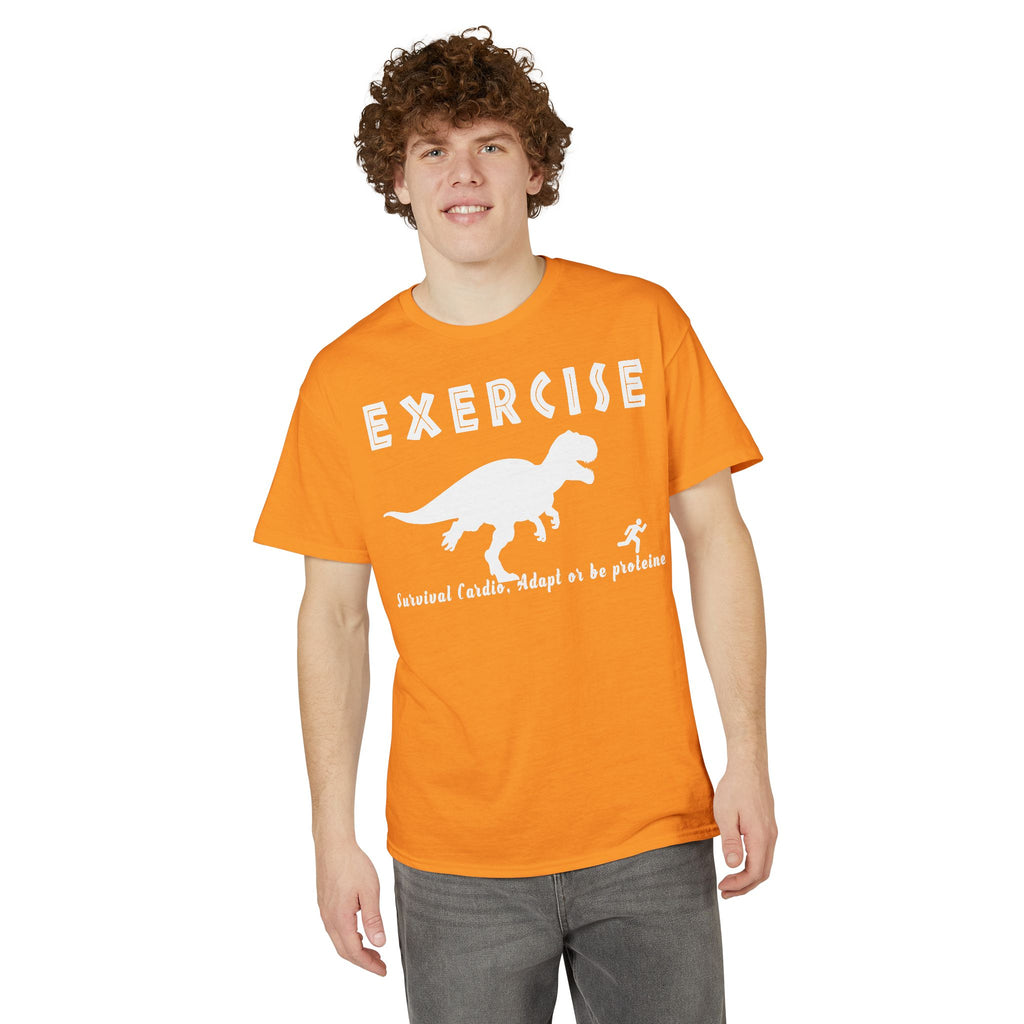 Exercise T‑Shirt — Funny Dinosaur Workout Tee (“Exercise: Survival of the Fittest” design)