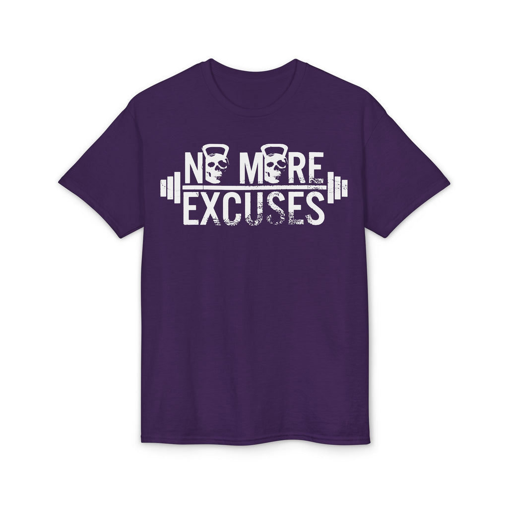No More Excuses T-Shirt — Motivational Gym Workout Tee with Kettlebell & Barbell Design