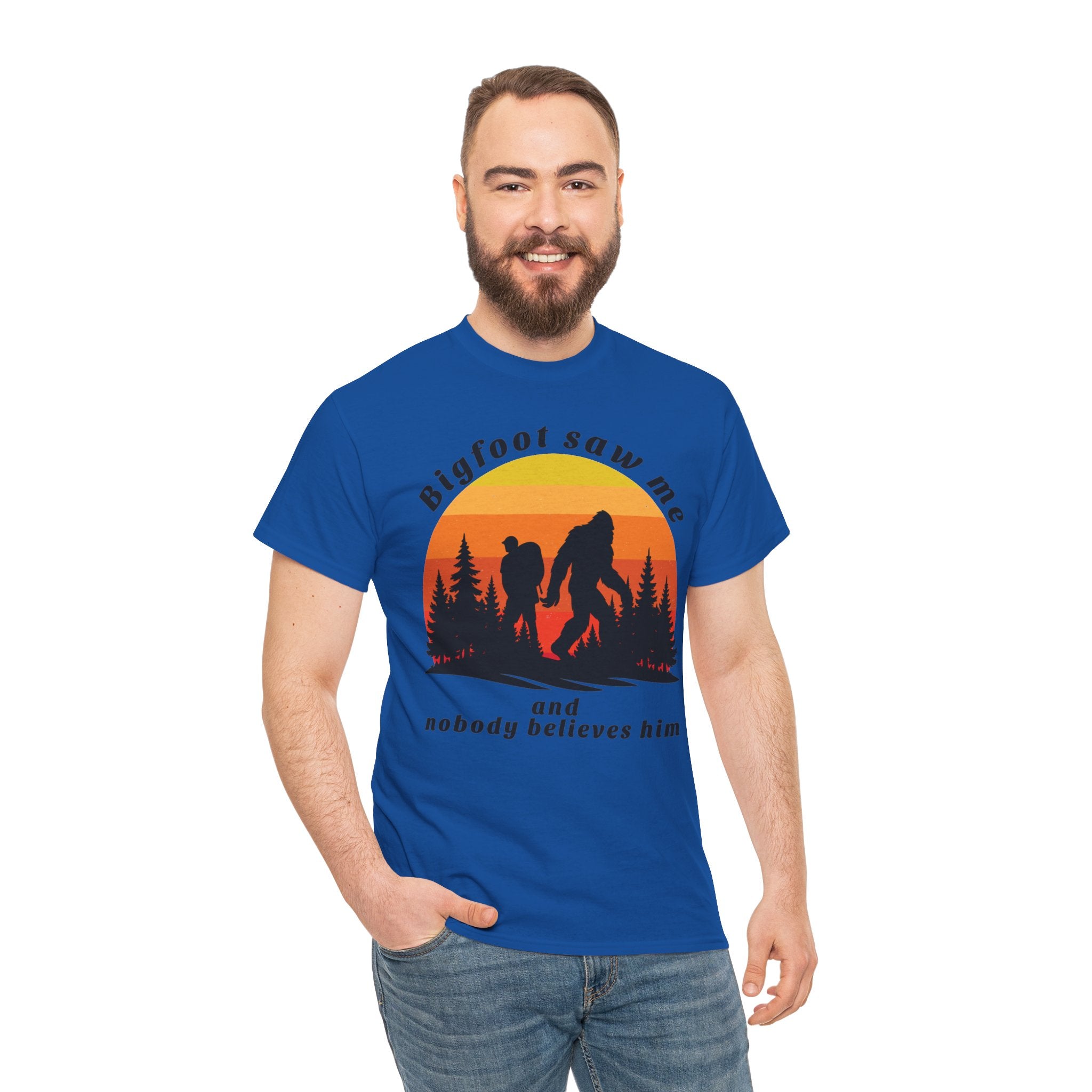 Bigfoot Saw Me T‑Shirt – Retro Sunset Sasquatch Graphic Tee