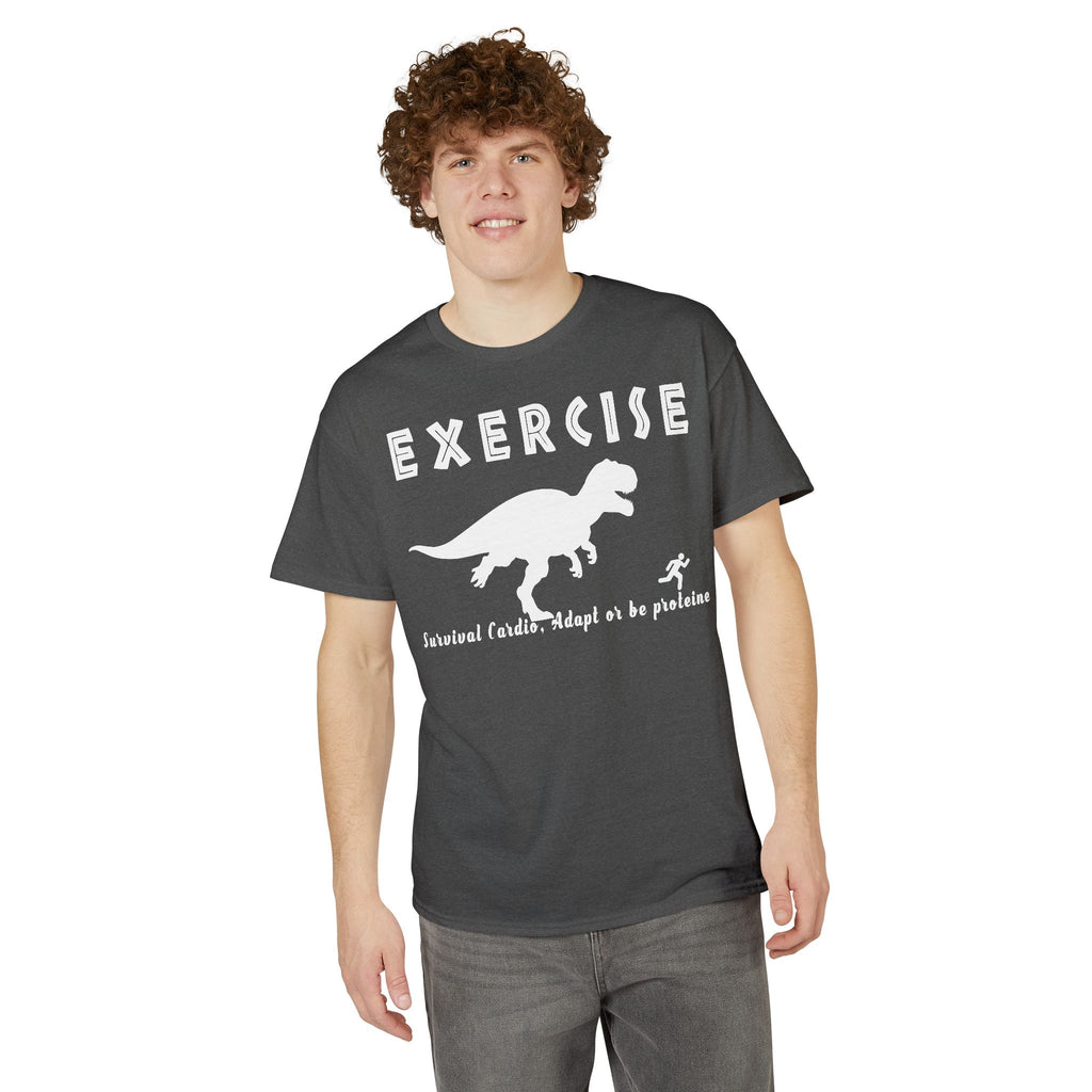 Exercise T‑Shirt — Funny Dinosaur Workout Tee (“Exercise: Survival of the Fittest” design)