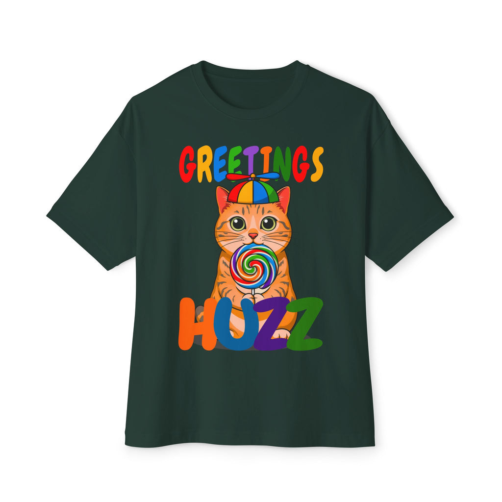 Greetings Huzz Cat Tee — Colorful Lollipop Kitten Graphic Shirt