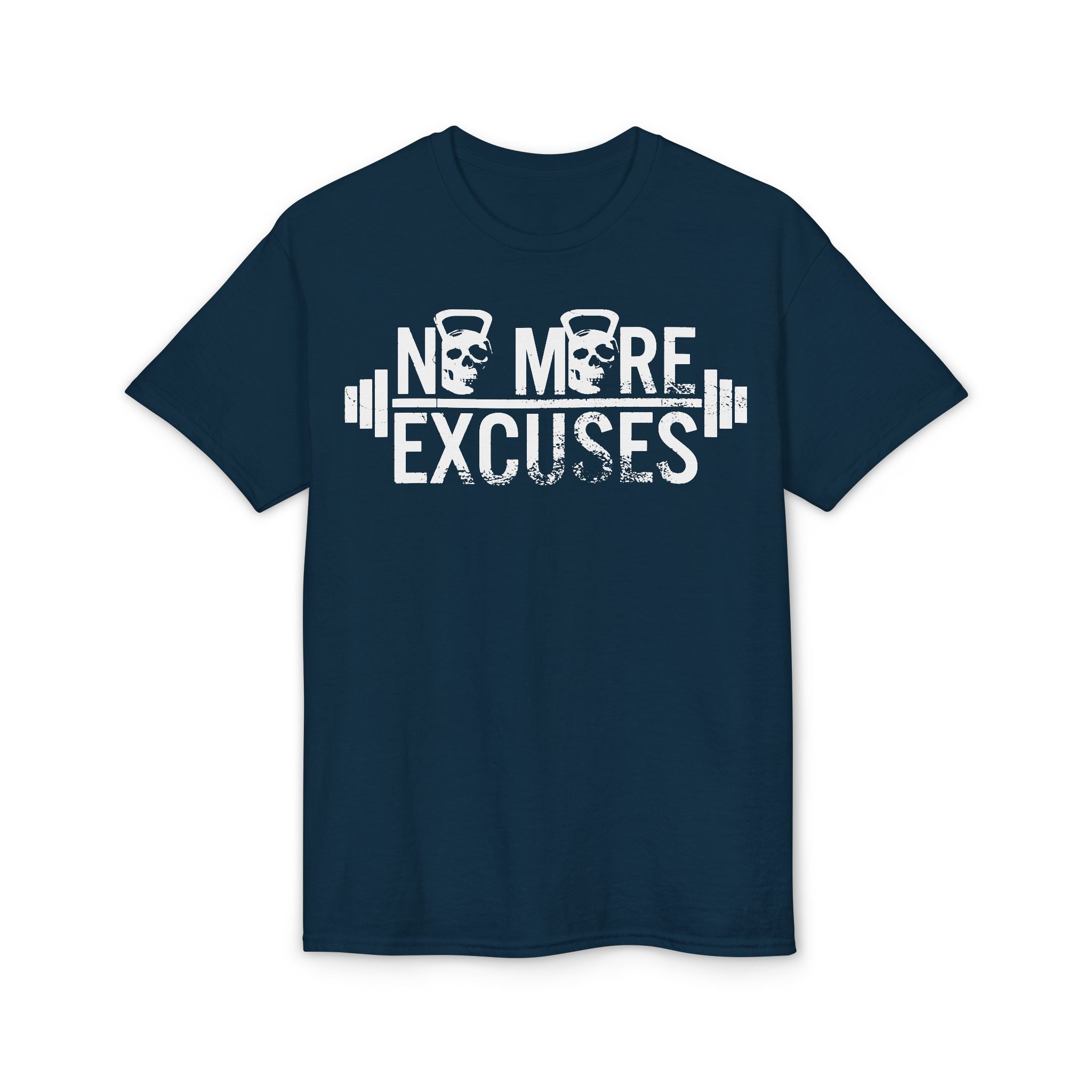 No More Excuses T-Shirt — Motivational Gym Workout Tee with Kettlebell & Barbell Design