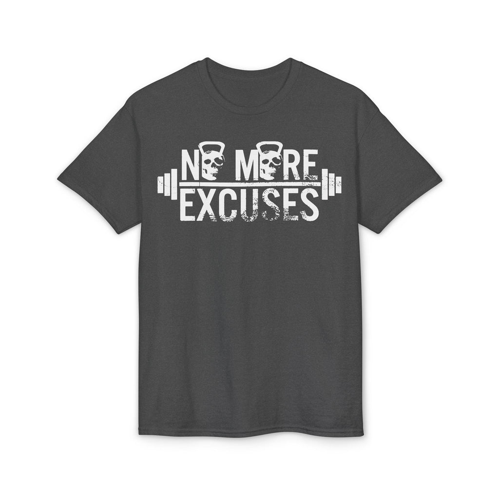 No More Excuses T-Shirt — Motivational Gym Workout Tee with Kettlebell & Barbell Design
