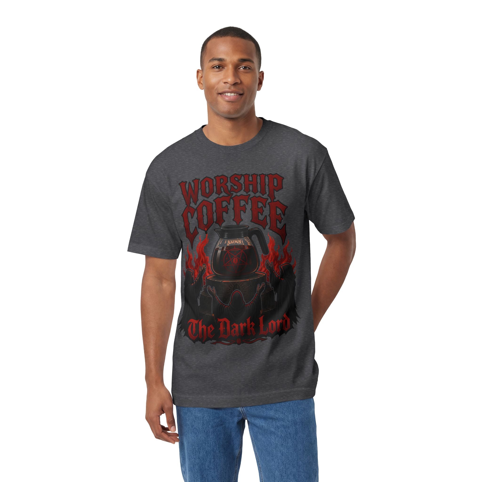 Worship Coffee Tee — "The Dark Lord" Gothic Coffee Shirt