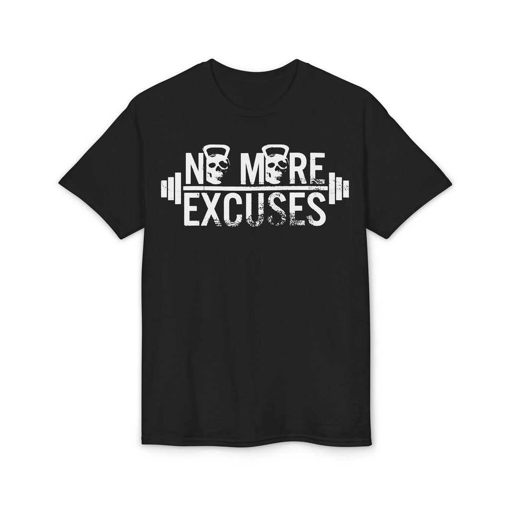 No More Excuses T-Shirt — Motivational Gym Workout Tee with Kettlebell & Barbell Design