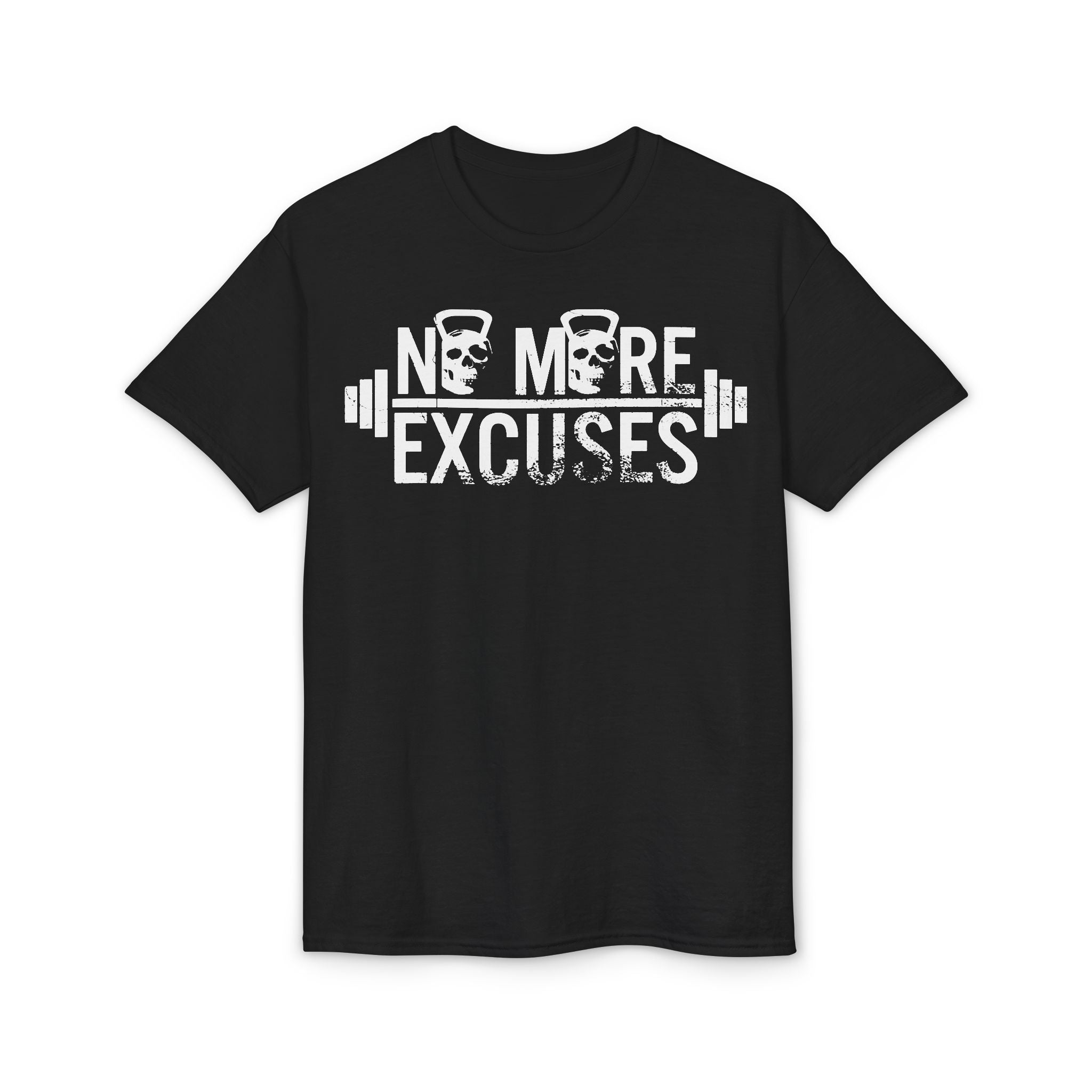 No More Excuses T-Shirt — Motivational Gym Workout Tee with Kettlebell & Barbell Design