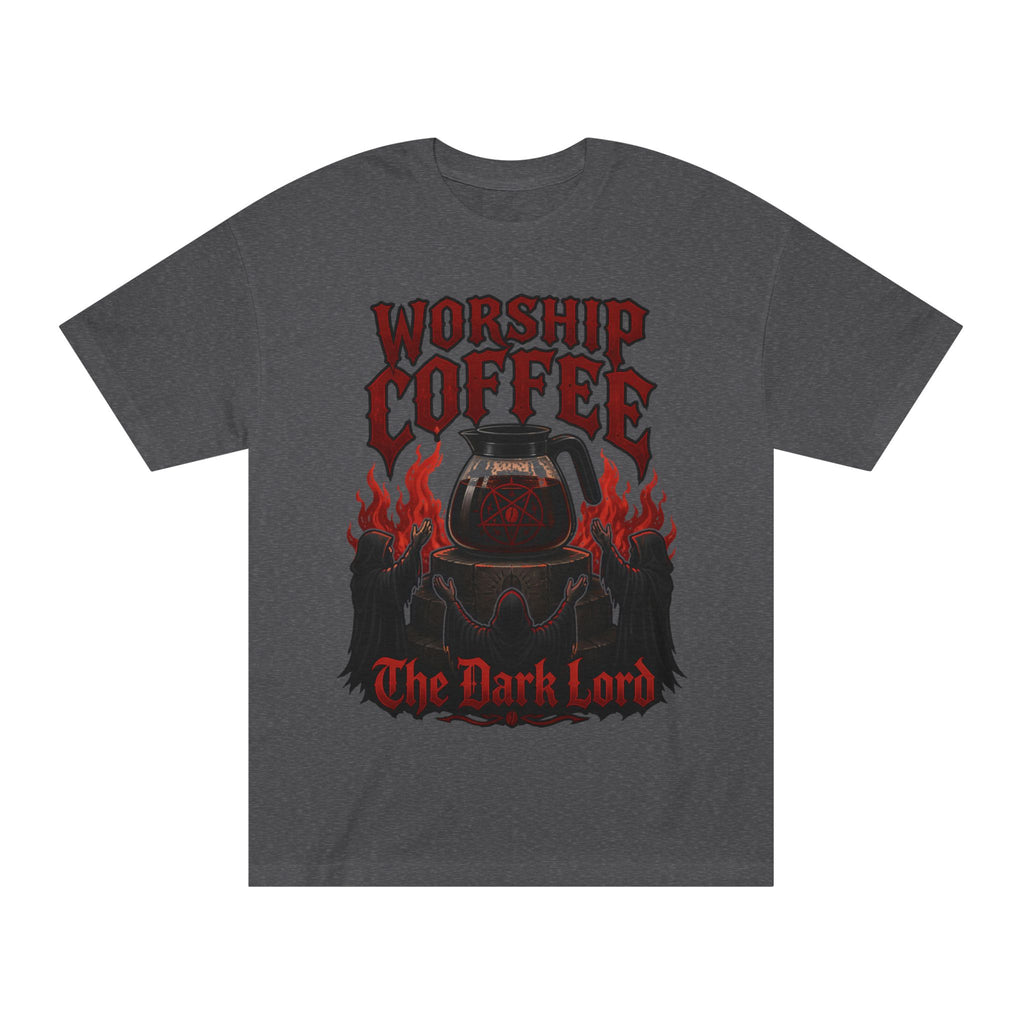Worship Coffee Tee — "The Dark Lord" Gothic Coffee Shirt
